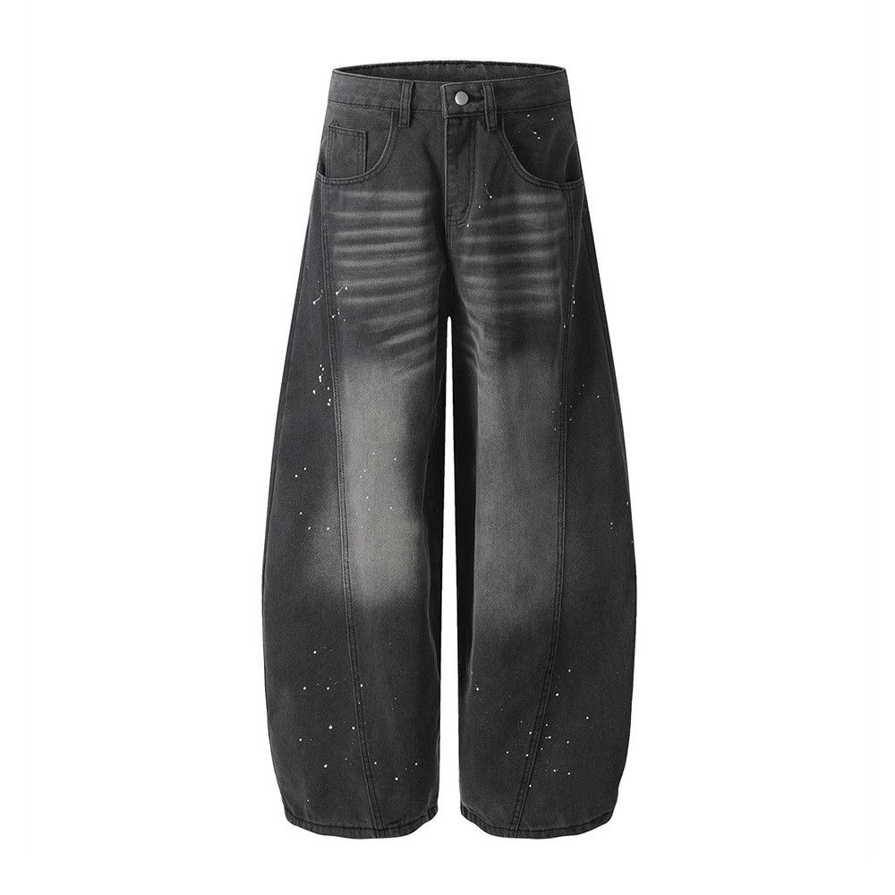 Men's trendy punk workwear loose ink-splashed scimitar jeans