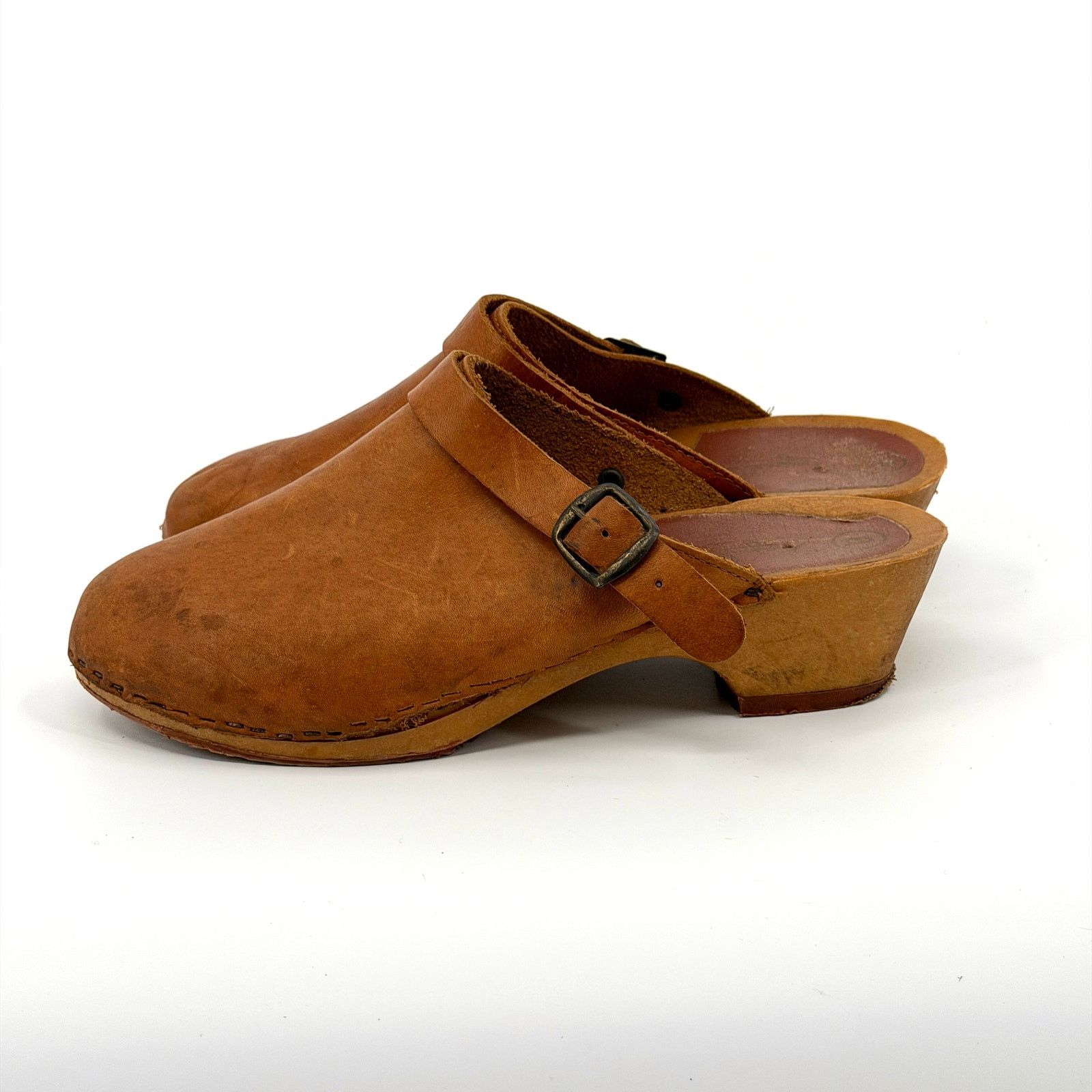 Vintage Vintage 70s Made in Italy Tan Leather Faux Wood Clogs Size US 8 / IT 38 - 5 Thumbnail