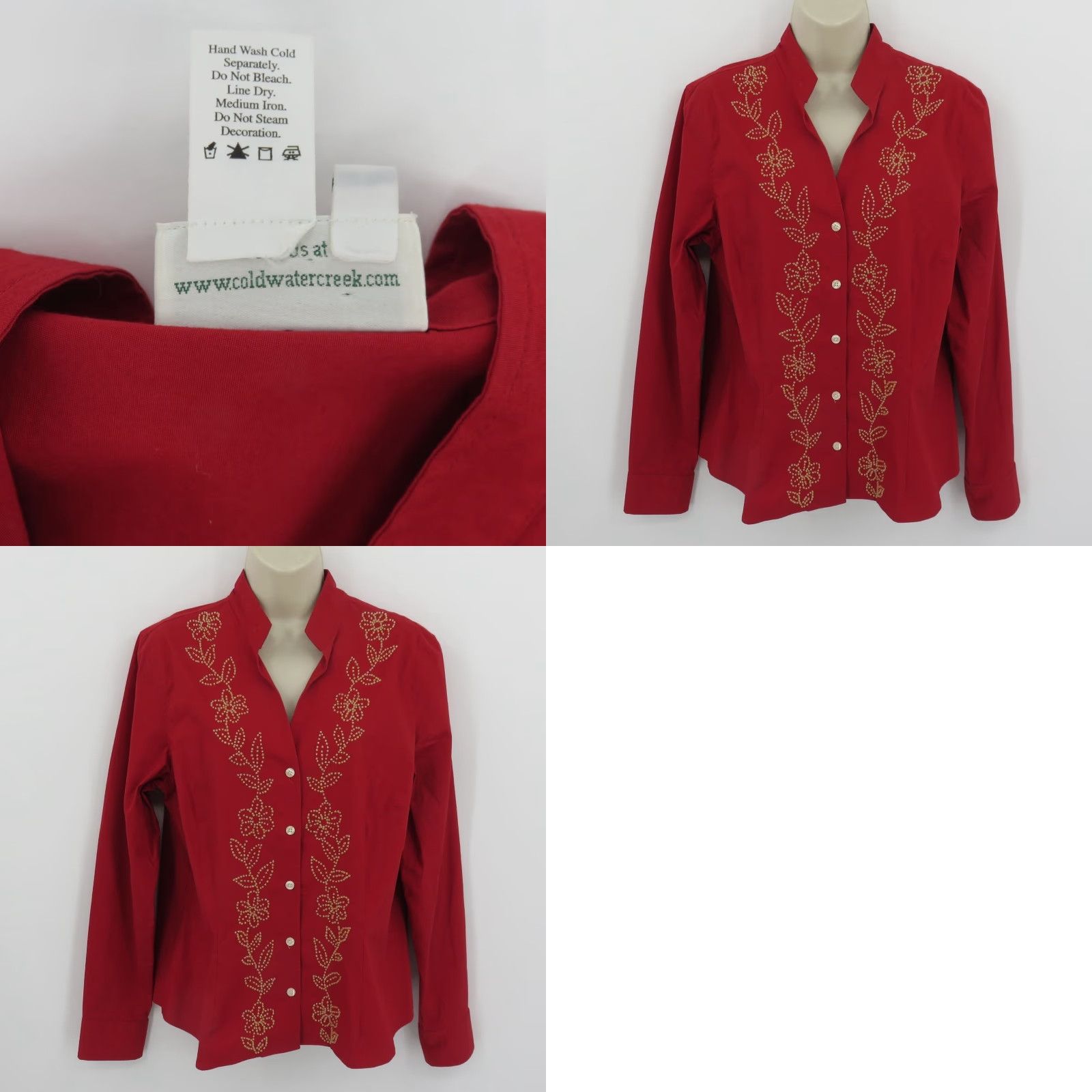 Coldwater Creek Coldwater Creek Blouse Shirt Beaded Flowers Floral Button Long Sleeve Womens L Red Yellow Top Size L / US 10 / IT 46 - 8 Thumbnail