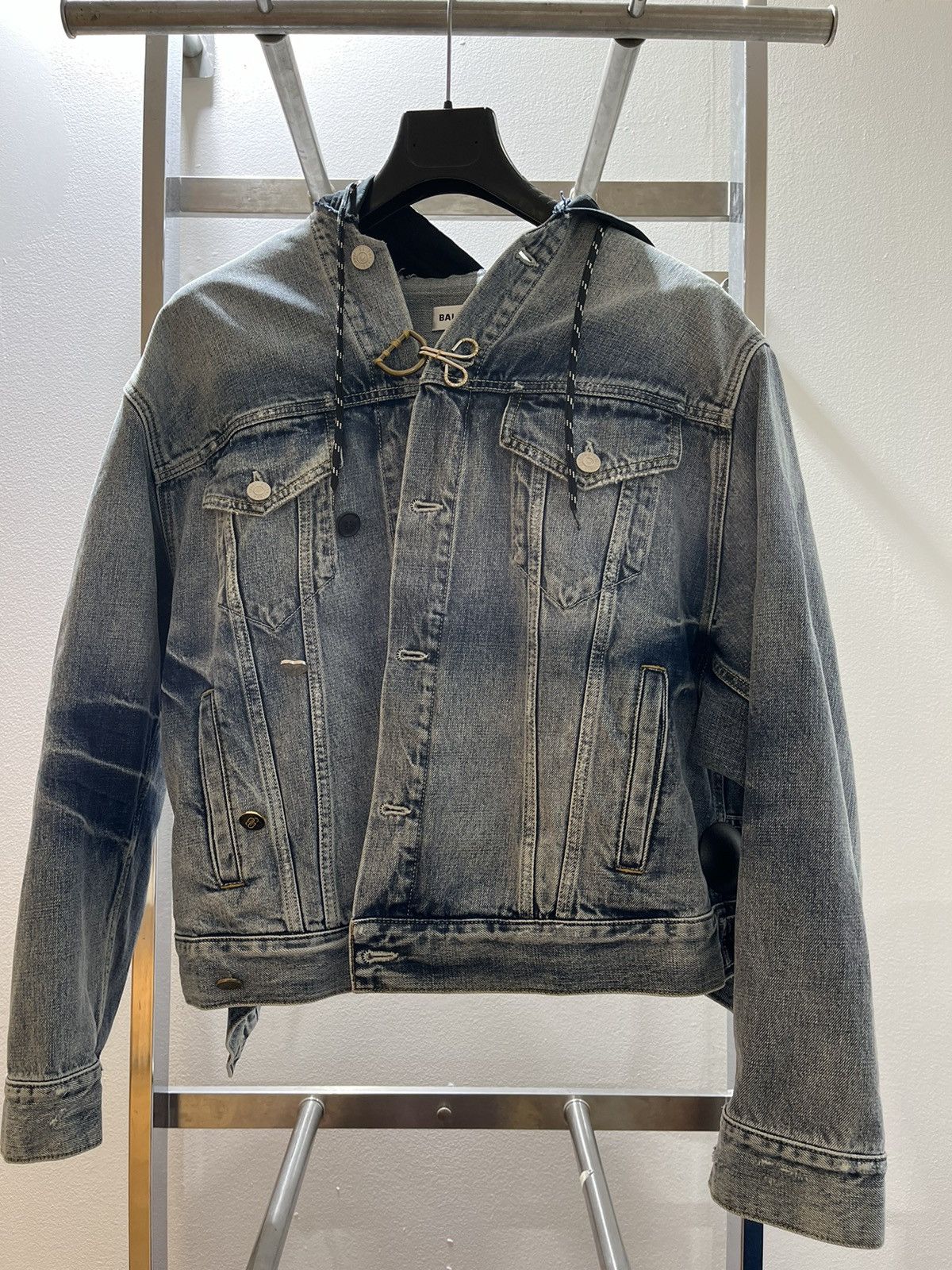 image of Balenciaga Pins Denim Jacket Womens in Blue (Size XS)