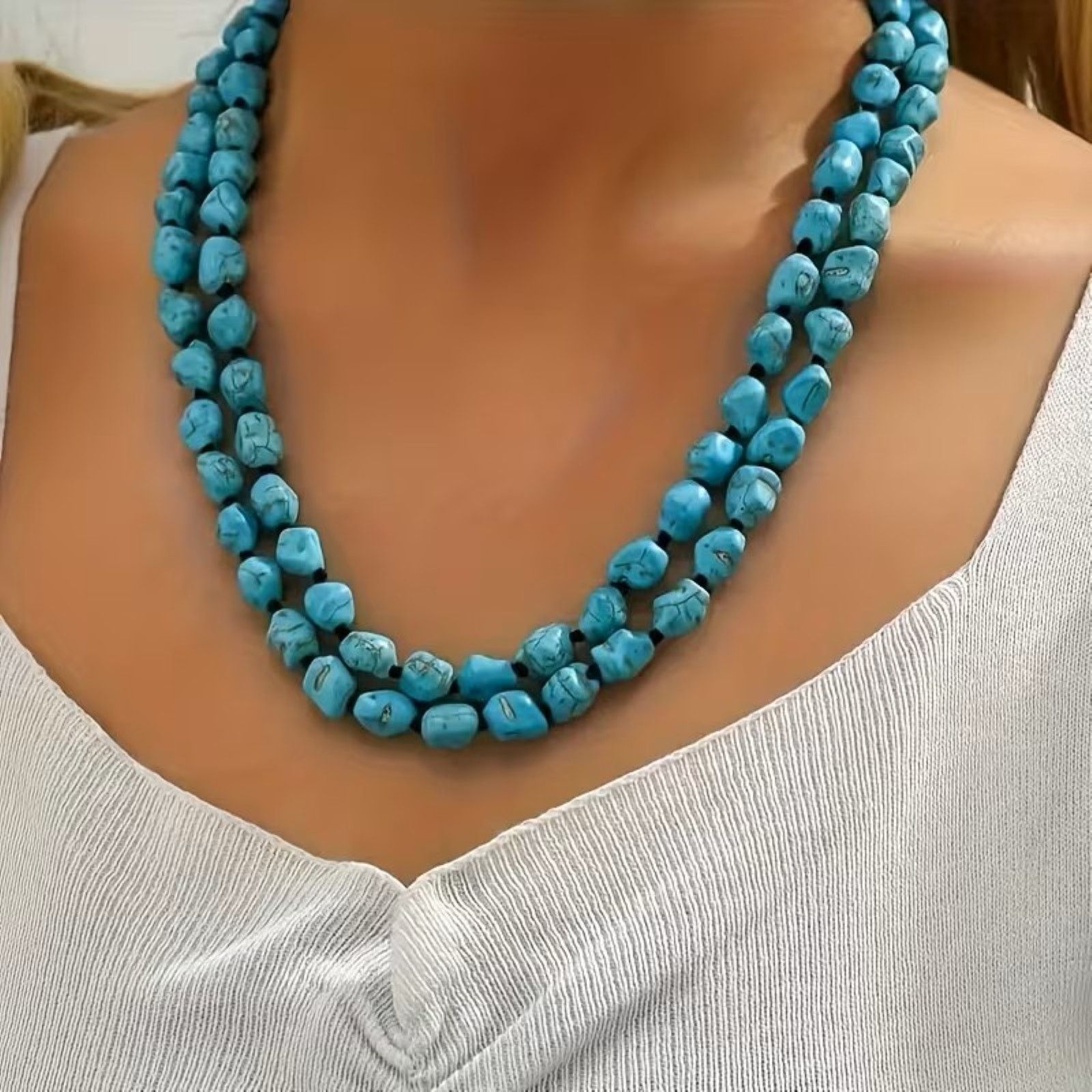Other Natural Turquoise Double Layer Necklace - 46" Hand-Knotted Size ONE SIZE - 5 Thumbnail