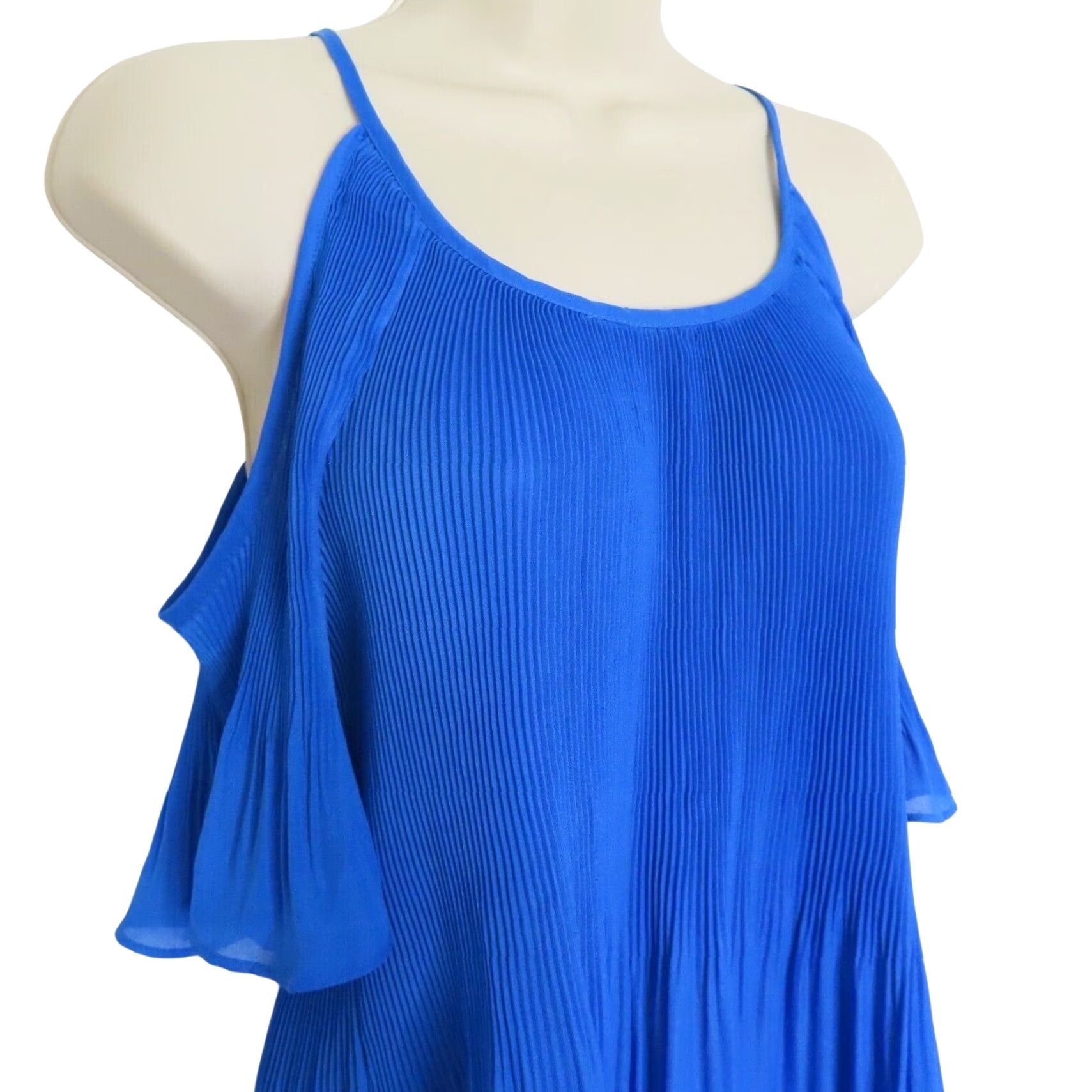 Vintage Spense Womens Medium Solid Blue Pleated Cold Shoulder Hi Low Blouse Shirt Work Size M / US 6-8 / IT 42-44 - 3 Thumbnail