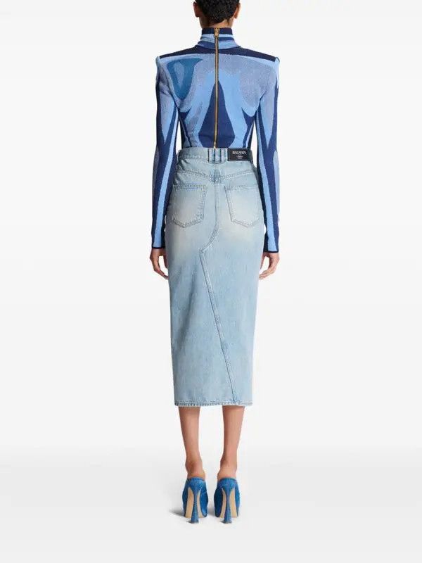 Balmain o1s1wg111225 Denim Midi Skirt in Blue Size 30" / US 8 / IT 44 - 4 Thumbnail