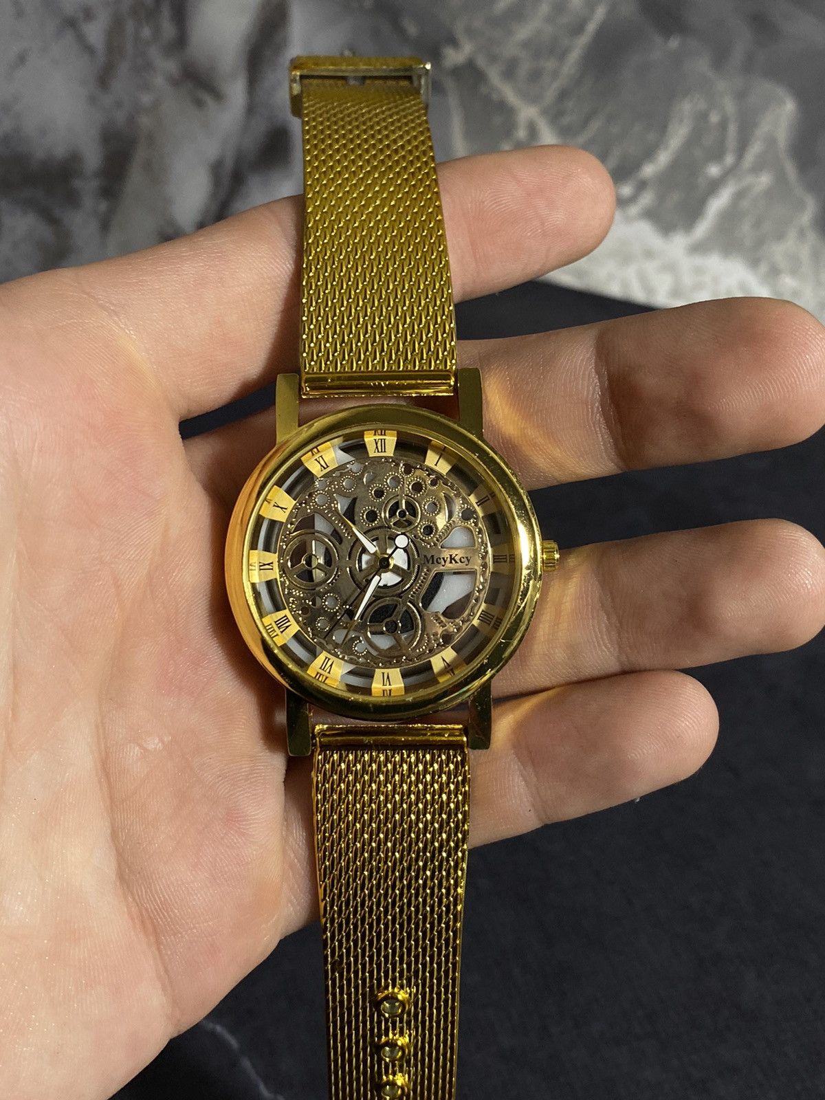 Vintage MEYKEY Skeleton Mechanical Watch Gold Mesh Japanese Brand Size ONE SIZE - 5 Thumbnail