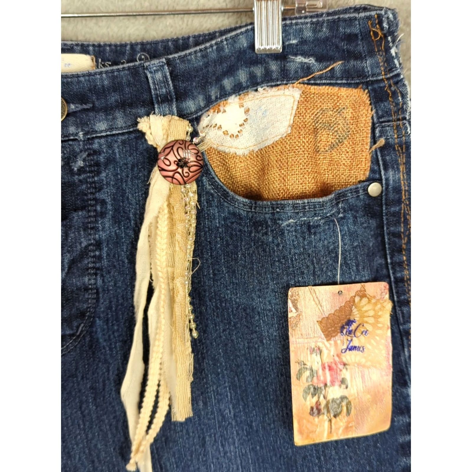 Vintage Artsy Jeans Patchwork Pockets Pearl Woodstock Boho Size 14P Size 36" / US 14 / IT 50 - 6 Thumbnail