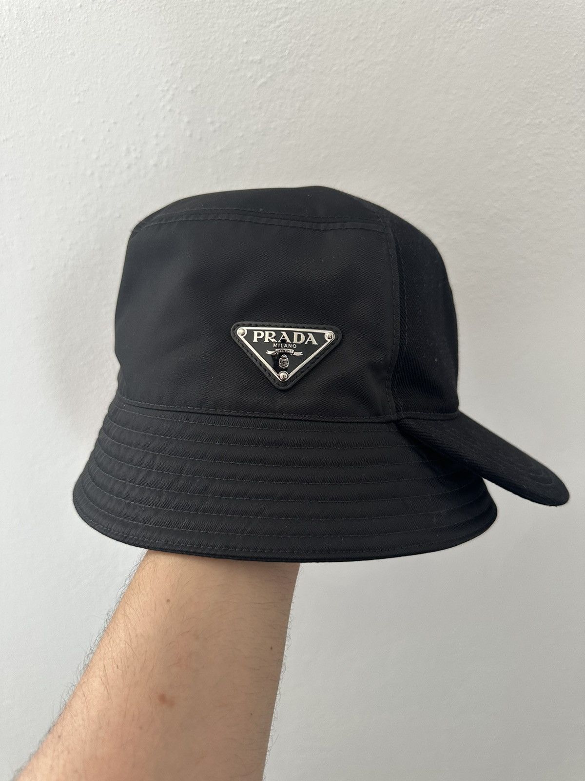 Prada Prada re-nylon triangle logo visor bucket hat | Grailed