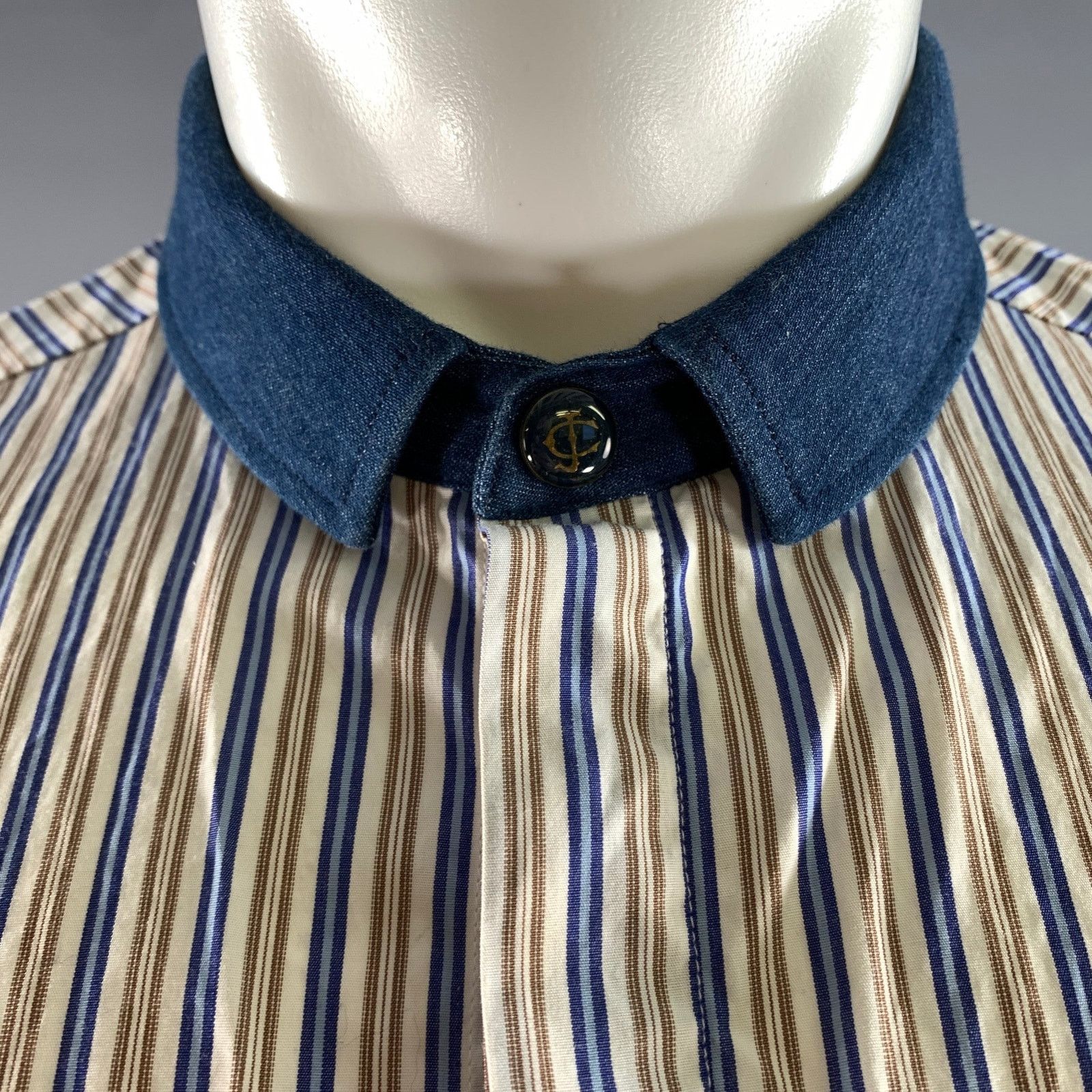 Just Cavalli JUST CAVALLI White Blue Brown Cotton Long Sleeve Shirt Size US M / EU 48-50 / 2 - 2 Thumbnail