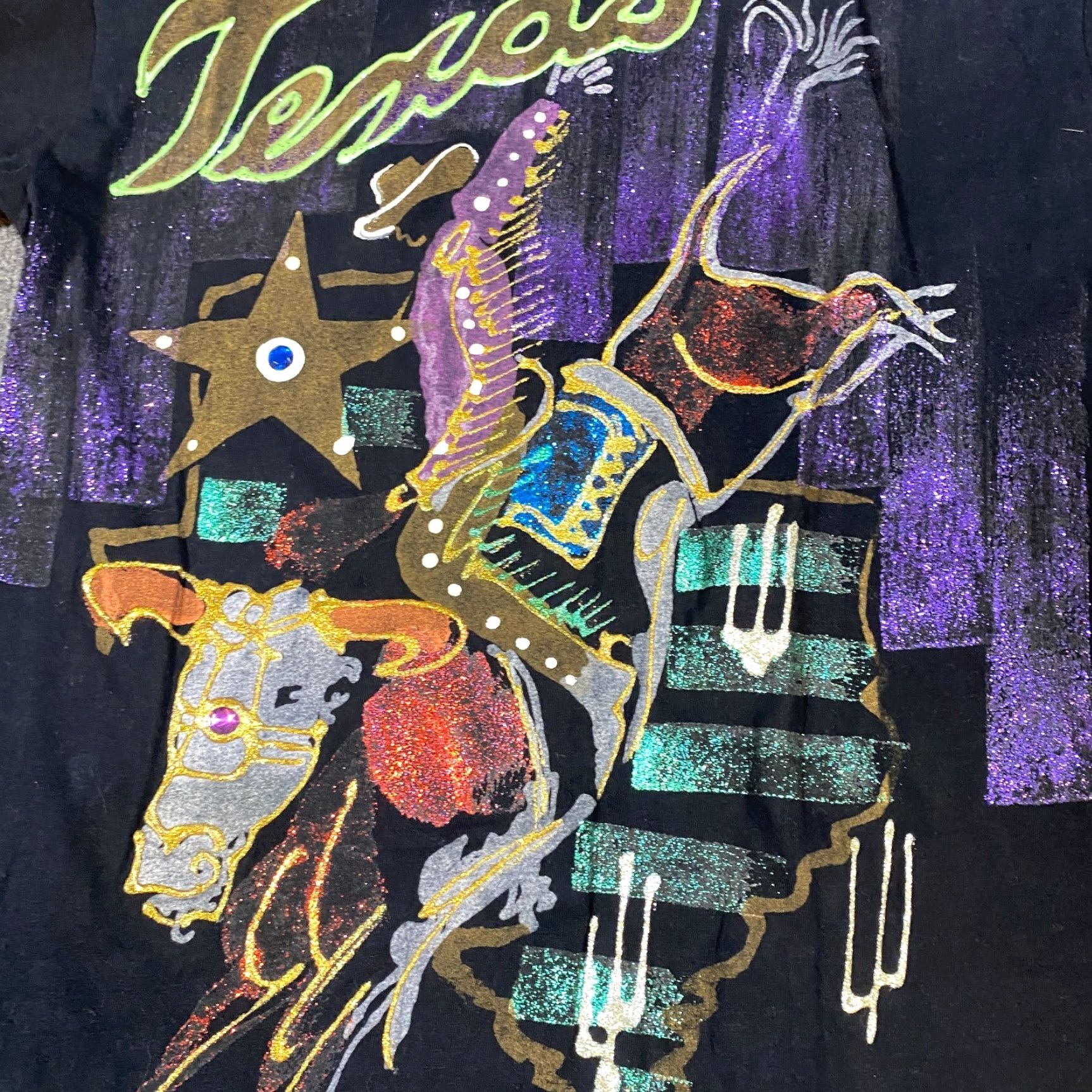 Vintage VINTAGE Texas Rodeo T-shirt One Size Black Shoulder Pads Embellished USA Women Short Sleeve Basic 100% Cotton Boys? Size ONE SIZE - 2 Thumbnail