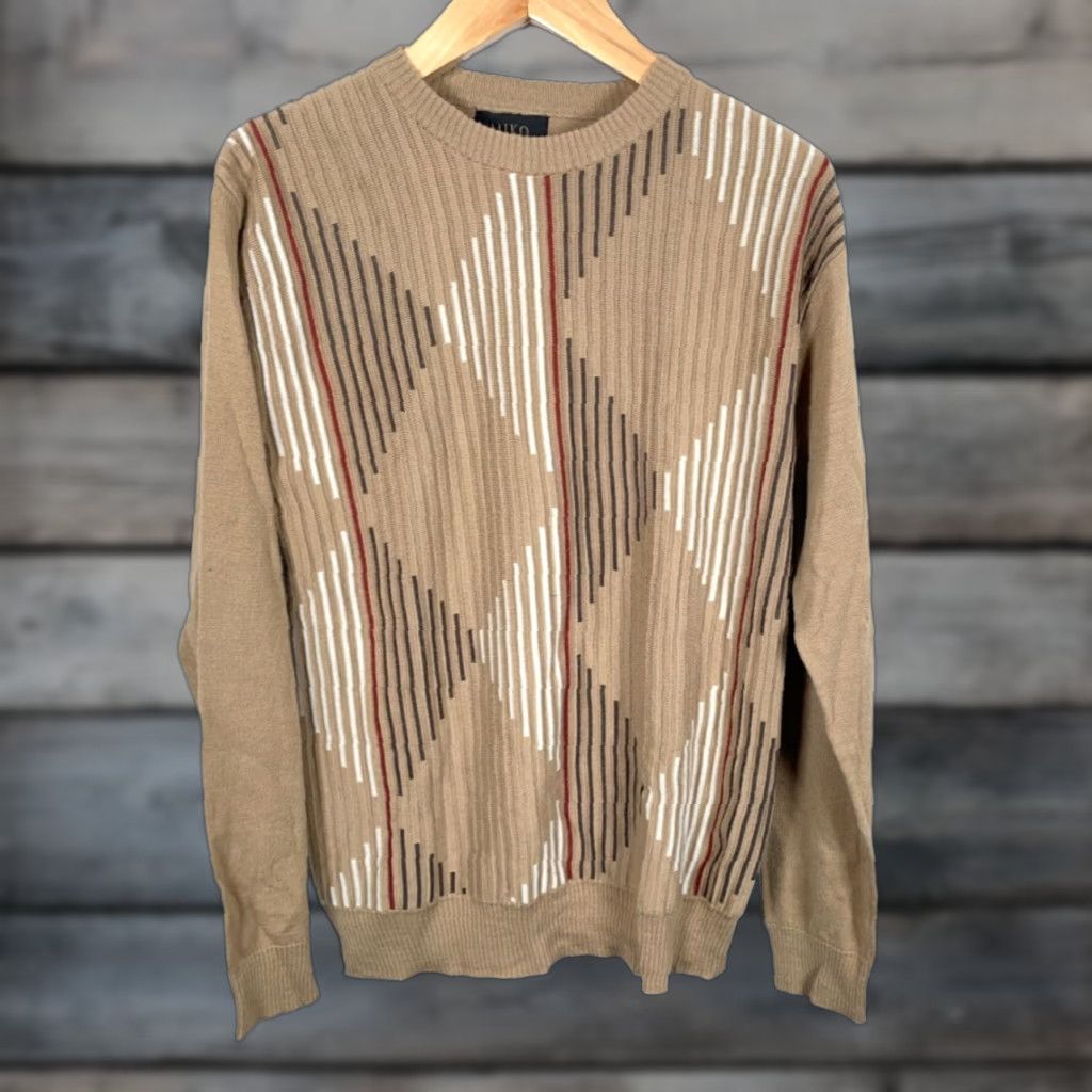 Vintage VINTAGE Miko Sweater Mens Large XL Beige Wool Blend Diamond Pattern Crew Neck Pullover Knit Casual Size US L / EU 52-54 / 3 - 1 Thumbnail