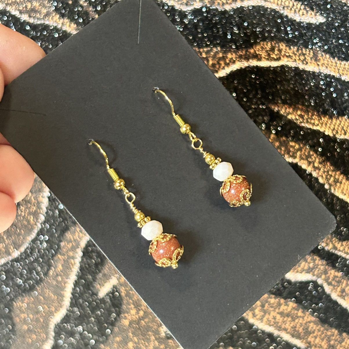 Handmade Handcrafted elegant filigree bead capped goldstone earrings Size ONE SIZE - 1 Thumbnail