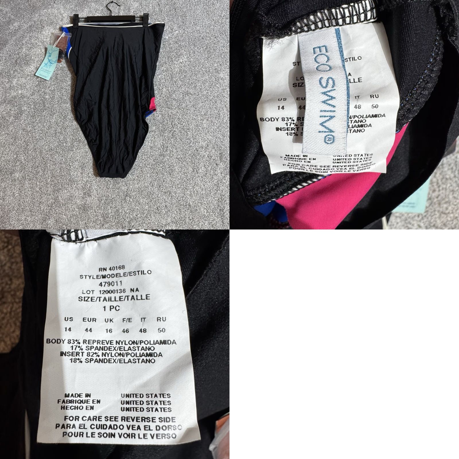 Vintage Eco Swim One Piece Swimsuit Women Size 14 Black Removable Pads Straps Adjustable Retro Y2K Size ONE SIZE - 8 Thumbnail