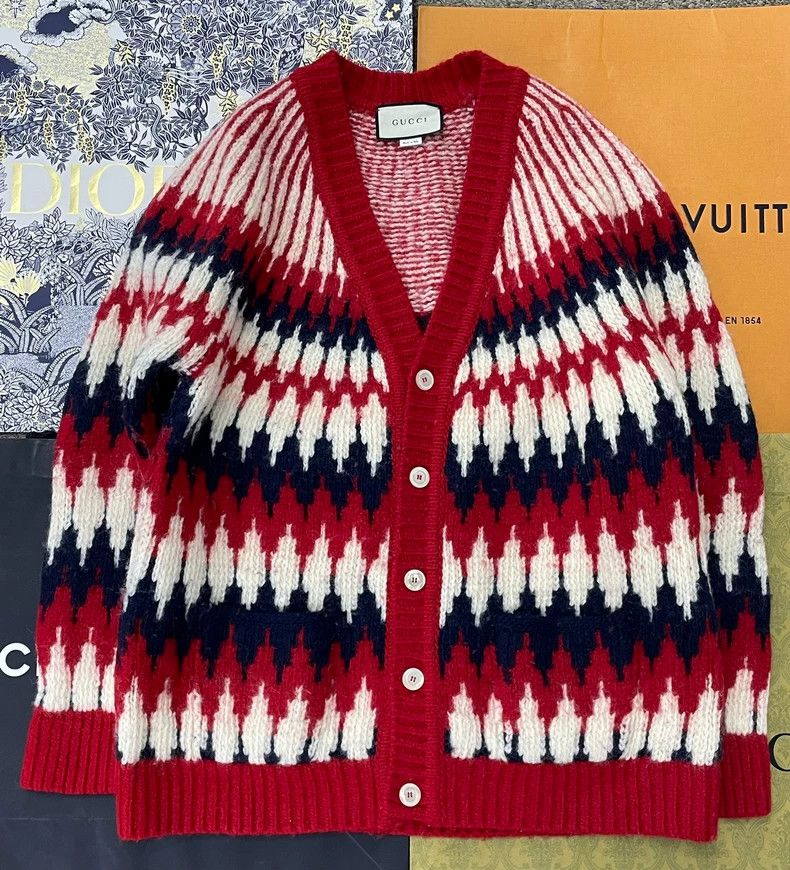Gucci Red white and black colour block printed wool cardi