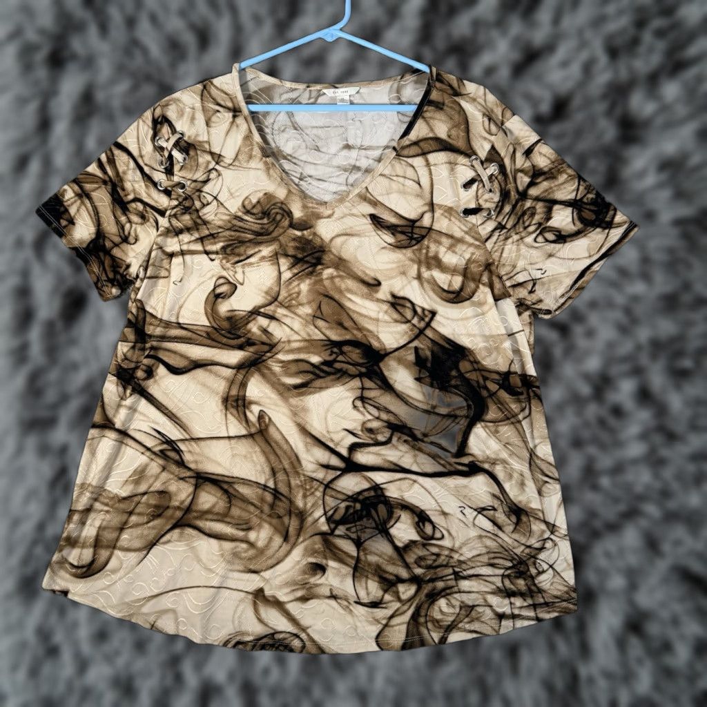 Vintage Fairy Grunge Top XL Smoke Abstract Print Whimsigoth Goblincore Retro 90s Artsy Blouse Womens V-Neck Short Sleeve Brown Polyester Blend Cato Size XL / US 12-14 / IT 48-50 - 1 Thumbnail