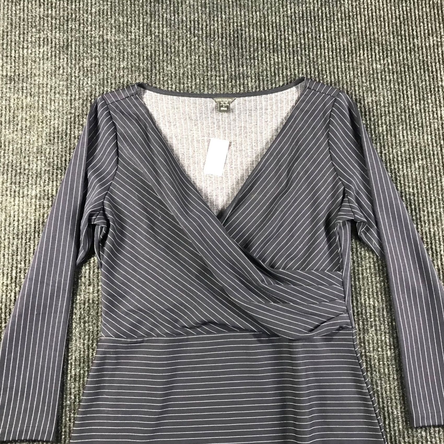 Ann Taylor Ann Taylor Navy Blue Pinstripe Wrap Front Peplum Top Long Sleeve M Womens Shirt Size M / US 6-8 / IT 42-44 - 2 Thumbnail