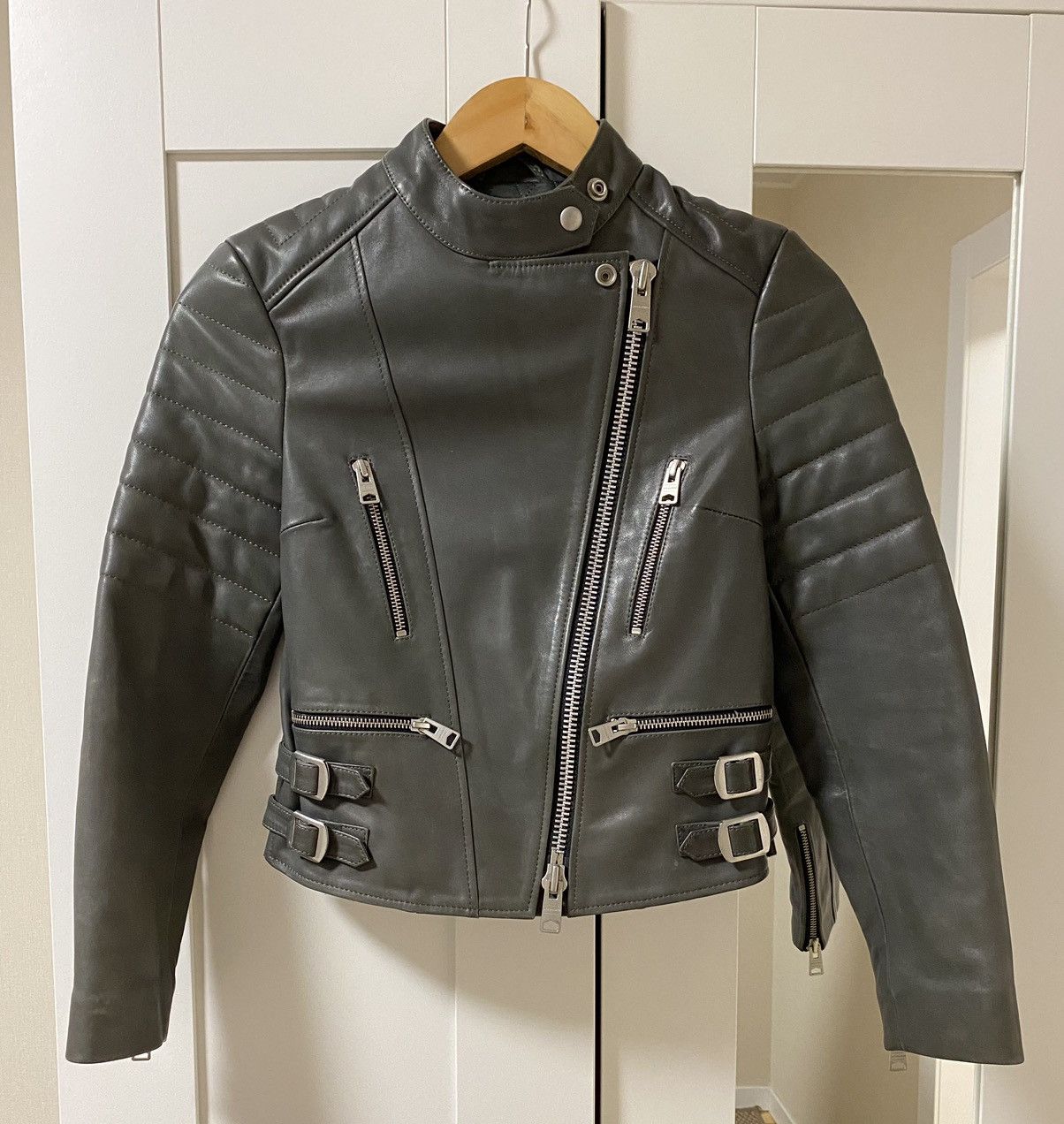 Image of Allsaints Limited Leather Biker Jacket in Grey, Women's (Size XS)