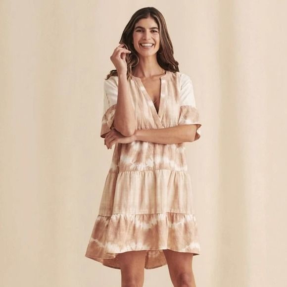 image of NWT Faherty La Vida Tiered Short Sleeve Mini Dress In Maple in Tan, Women's (Size Medium)