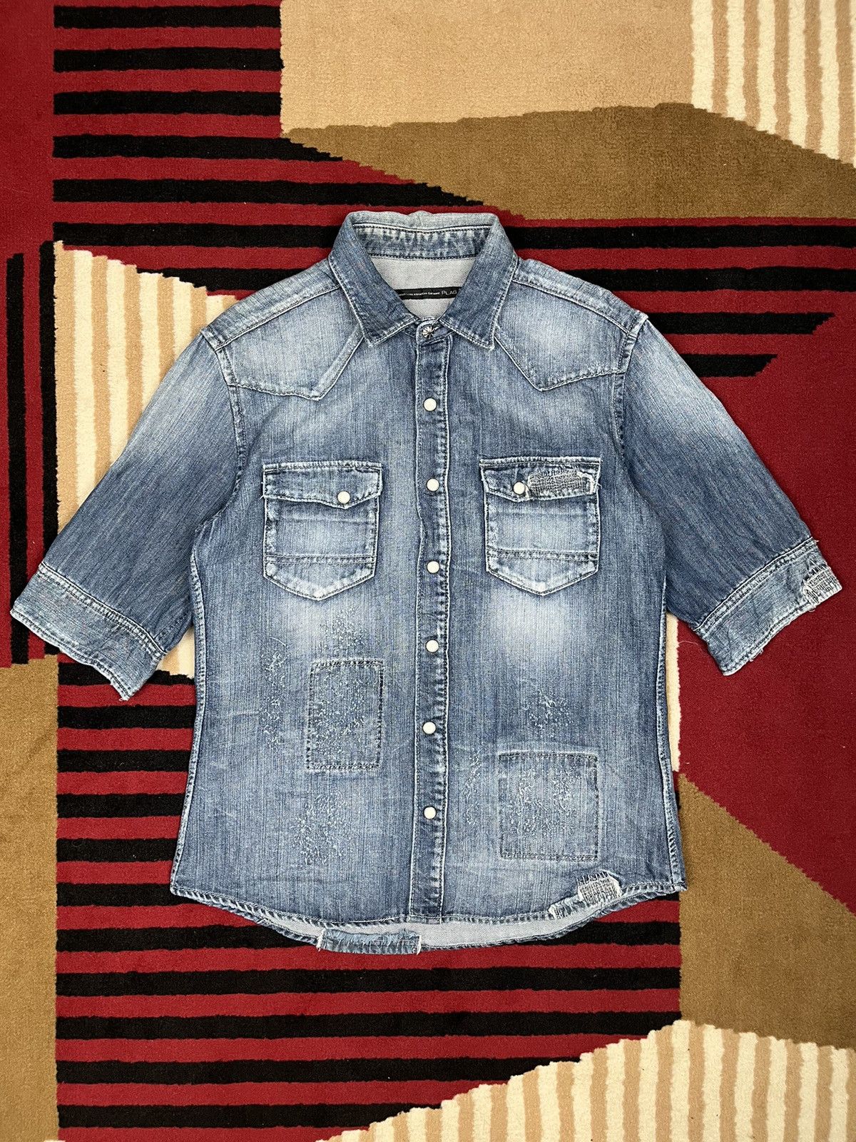 Issey Miyake × Japanese Brand × Tete Homme Plag ! Plag Tete Homme Ripped Denim Shirt Size US M / EU 48-50 / 2 - 3 Thumbnail