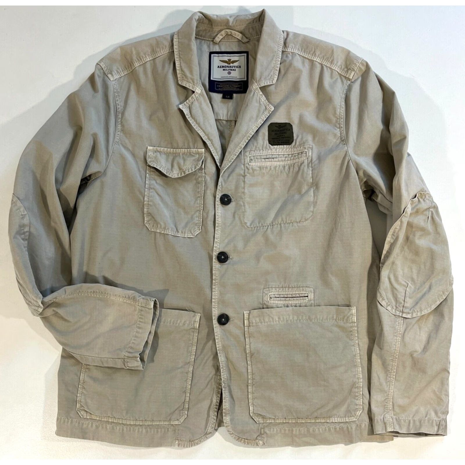 Aeronautica Militare VINTAGE Aeronautica Militare Jacket Mens Canvas Blazer Size 54 Beige Military style with Pockets Elbow Patch 54 Mens Jacket Size 54R - 3 Thumbnail