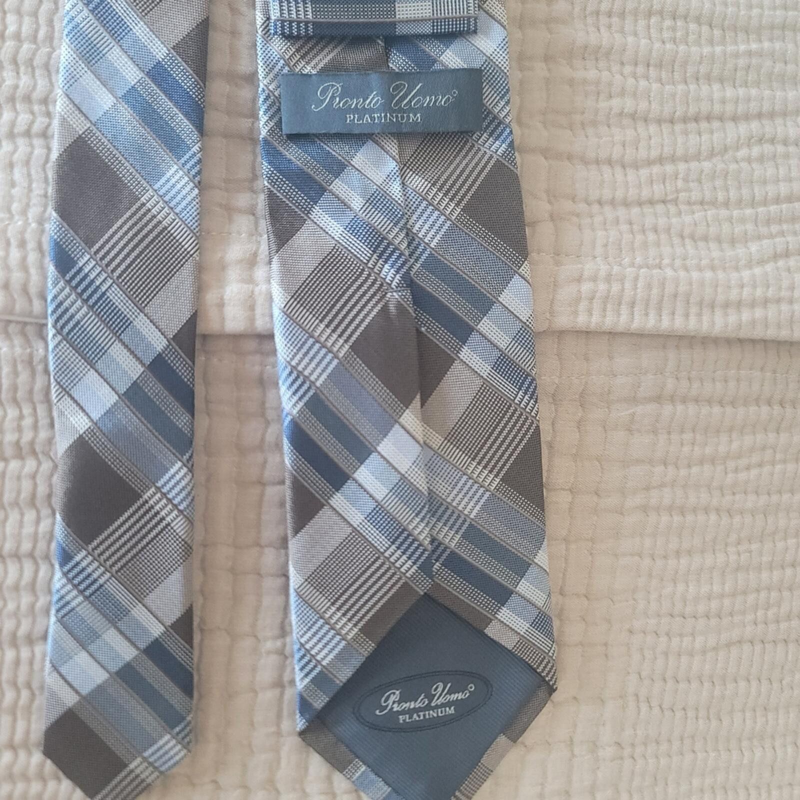 Pronto Uomo Pronto Uomo Blue and Grey Plaid Tie 100% Silk Luxury Size ONE SIZE - 3 Thumbnail