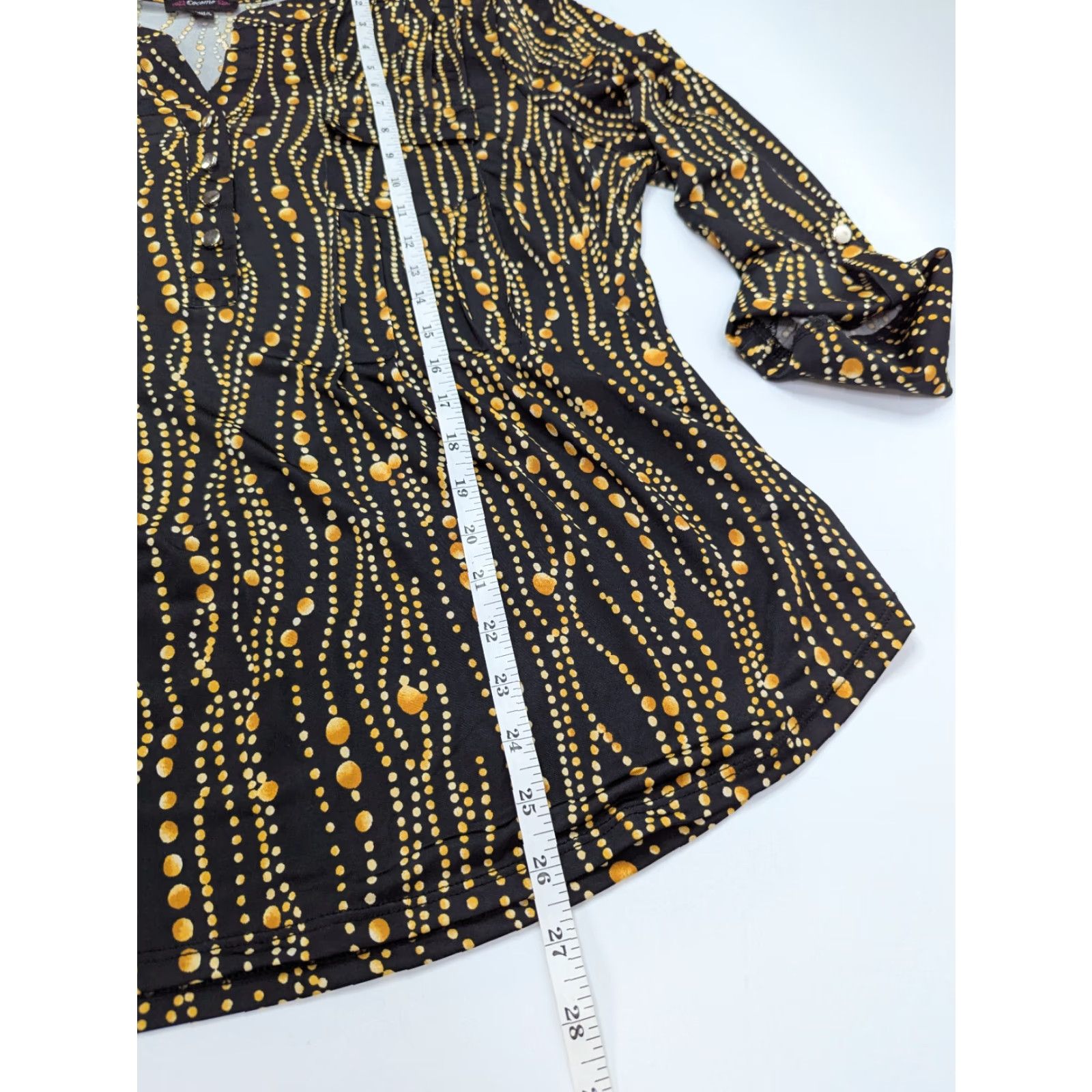Vintage Cocomo Top Button V-Neck Roll Tab Sleeve 3/4 Sleeve Pintuck Geometric Yellow Black Circles XL Blouse Tunic Women Shopwear Size XL / US 12-14 / IT 48-50 - 4 Thumbnail