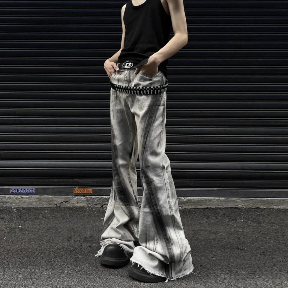 Japanese Brand × Jean × Vintage Streetwear Retro Fringed Black Wide Jeans Ribbon Size US 33 - 1 Thumbnail