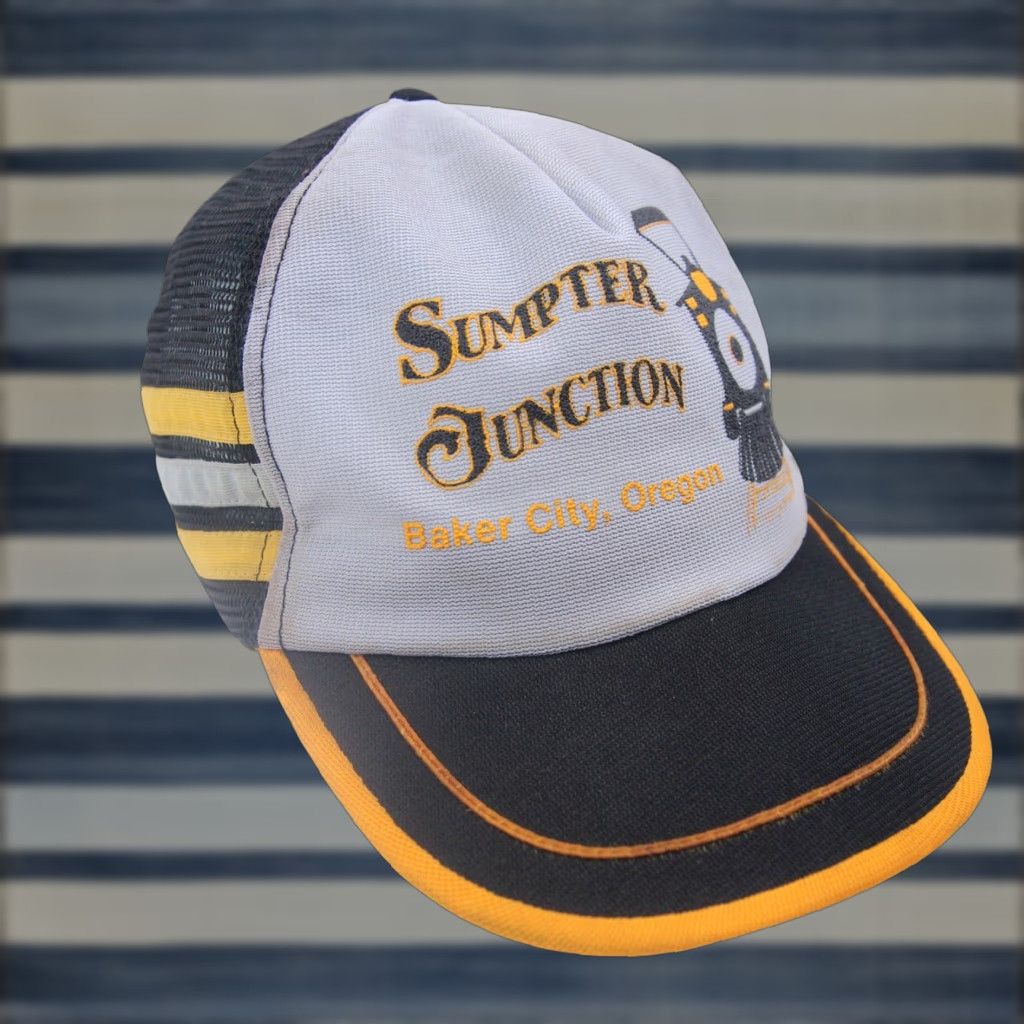 Vintage VINTAGE Trucker Hat 3 Stripe Tri Bar Sumpter Junction Train Station Gray Yellow Adjustable Men Size ONE SIZE - 1 Thumbnail