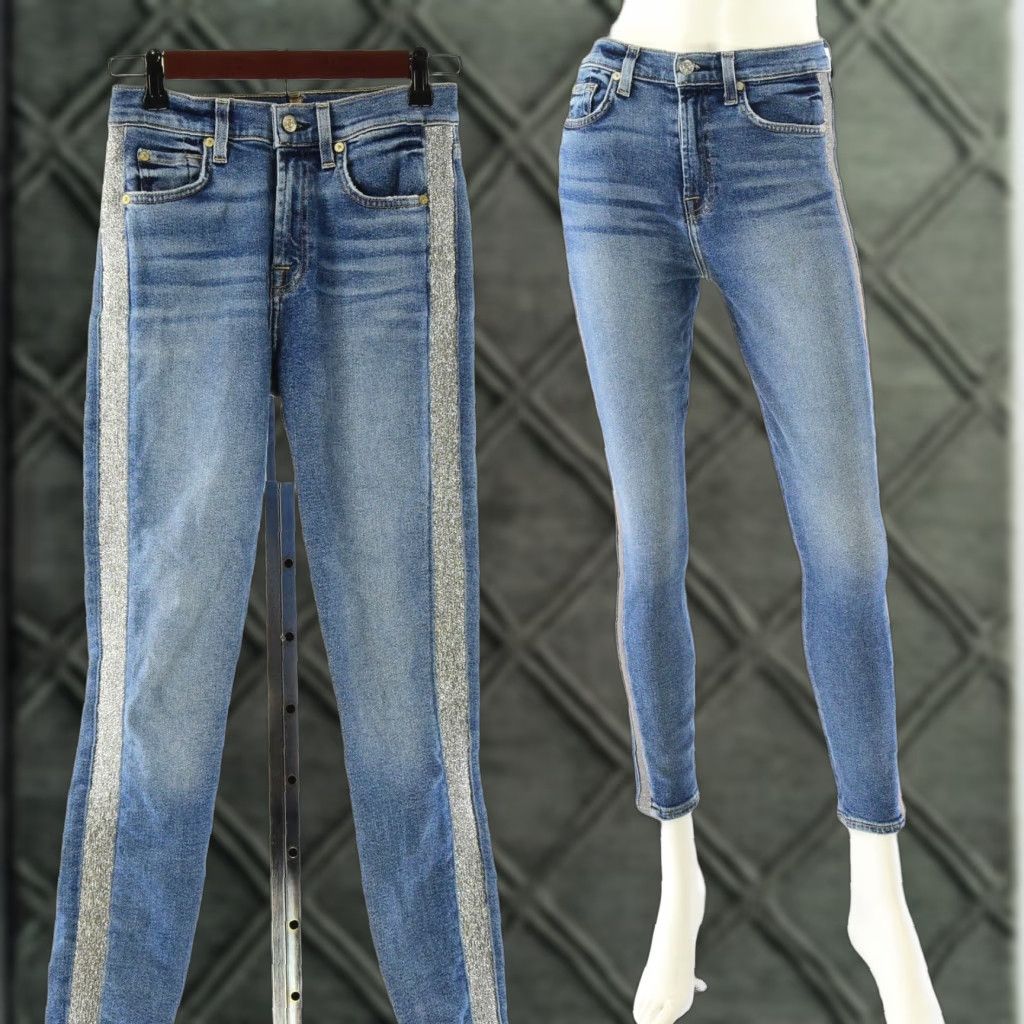 7 For All Mankind The High Waist Ankle Skinny Jeans Sz 25 Silver Tuxedo Stripe