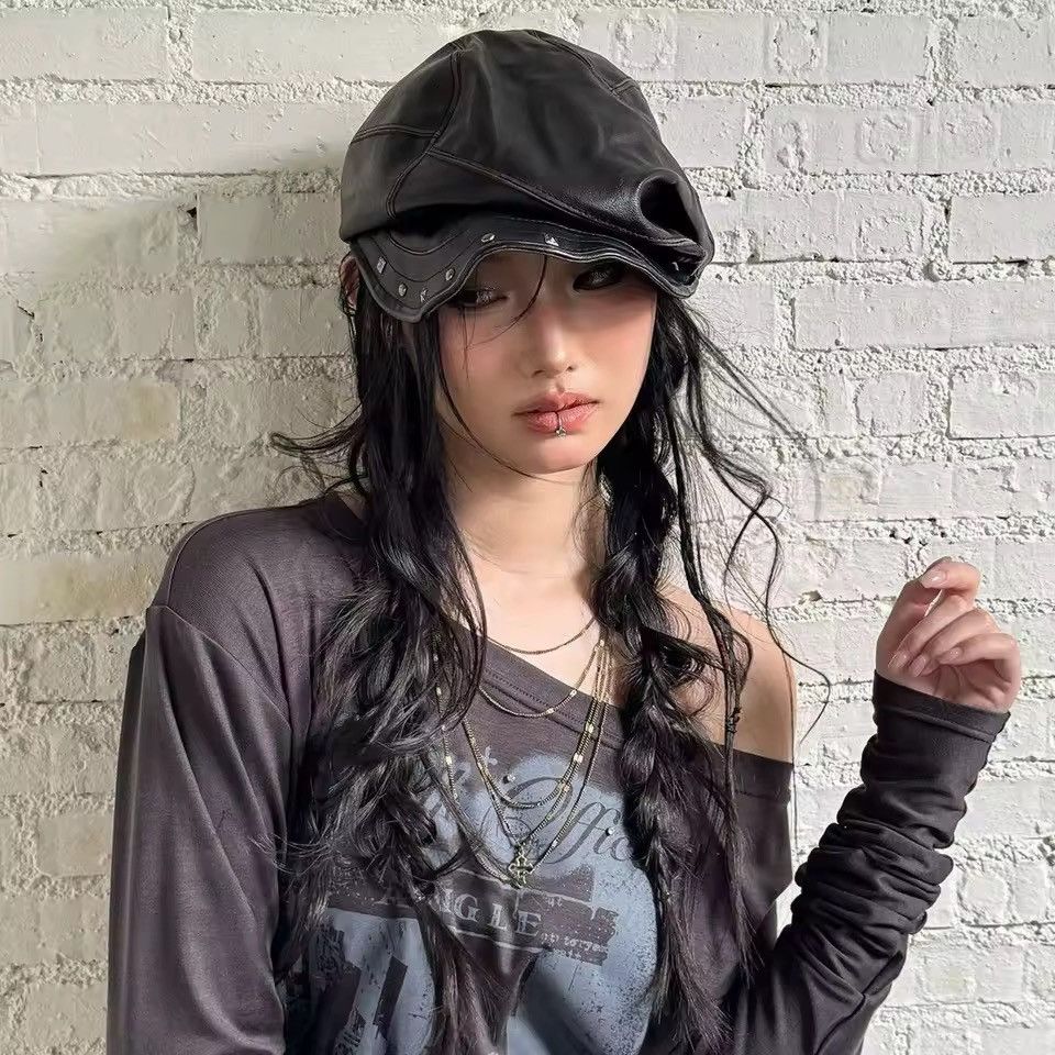 Japanese Brand Japanese Vintage Style PU Leather Rivets Beret Cap Hat Size ONE SIZE - 5 Thumbnail