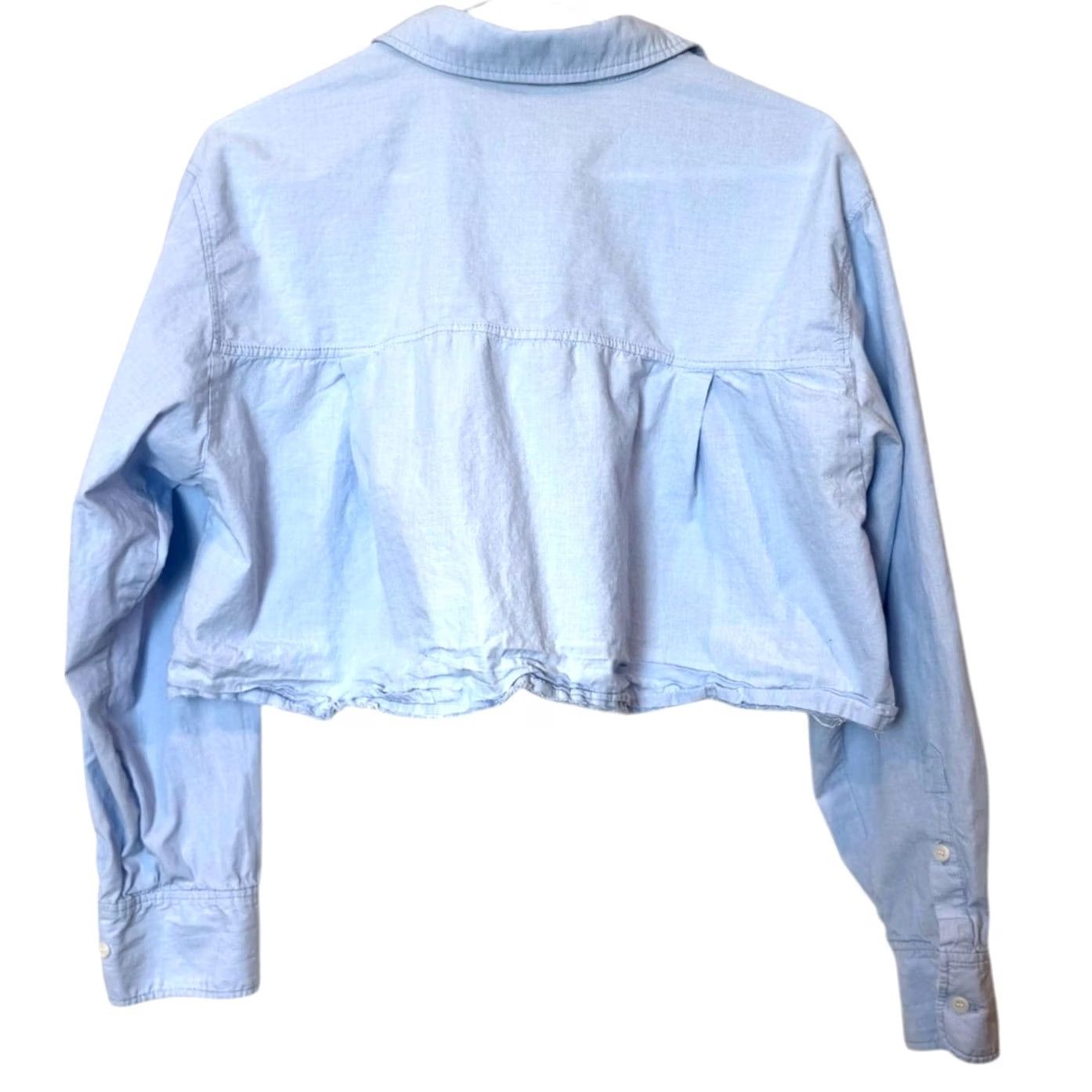 Zara Zara Cropped Button Up Shirt Adult M Lt Blue 100% Cotton Collared Frayed Hem Womens Size M / US 6-8 / IT 42-44 - 2 Thumbnail