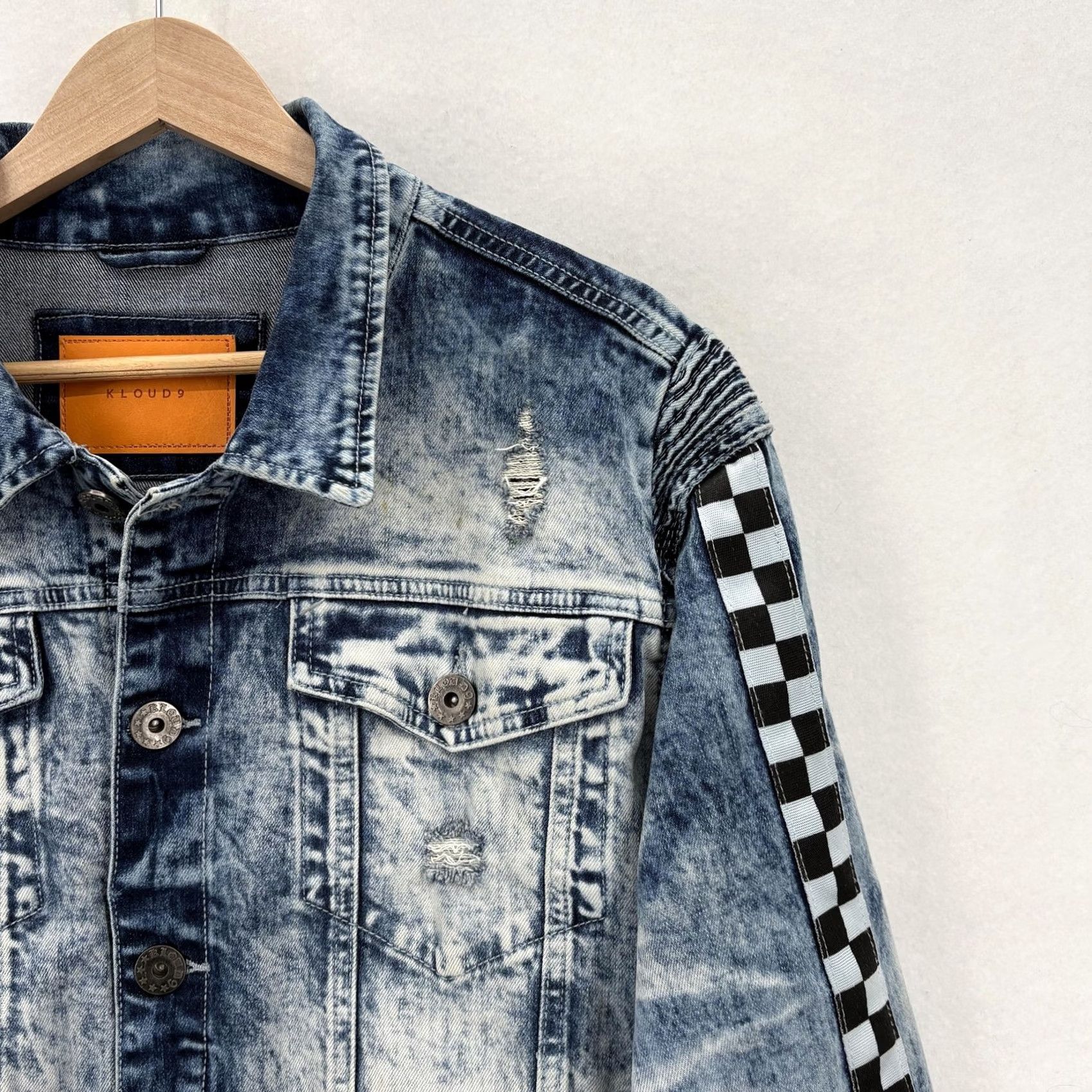 Denime KLOUD9 Denim Jacket Mens L Regular Blue Acid Wash Checkered Sleeve Streetwear Grunge Bomber Casual Fall Spring Jacket Mens Size US L / EU 52-54 / 3 - 2 Thumbnail