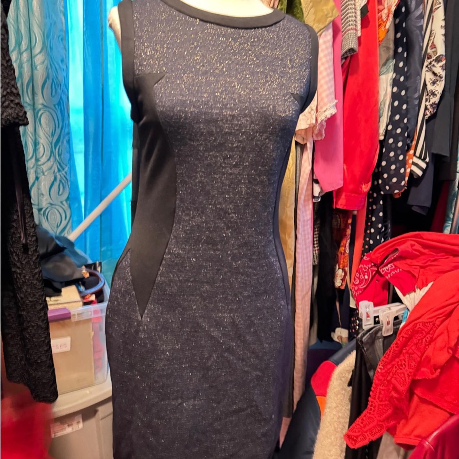 Designer MNG Black Gold Indigo Sheath Mini Dress Sleeveless Crew Neck Size S / US 4 / IT 40 - 4 Thumbnail