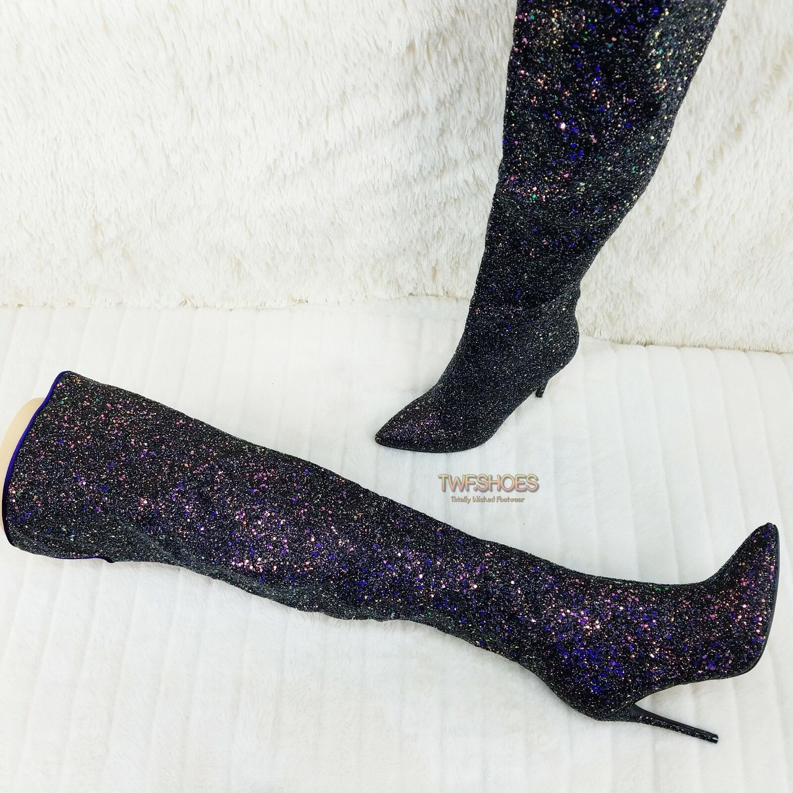 Other Courtly Black Multi Color Glitter 3015 Thigh High Boots 5" Size US 12 / IT 42 - 4 Thumbnail