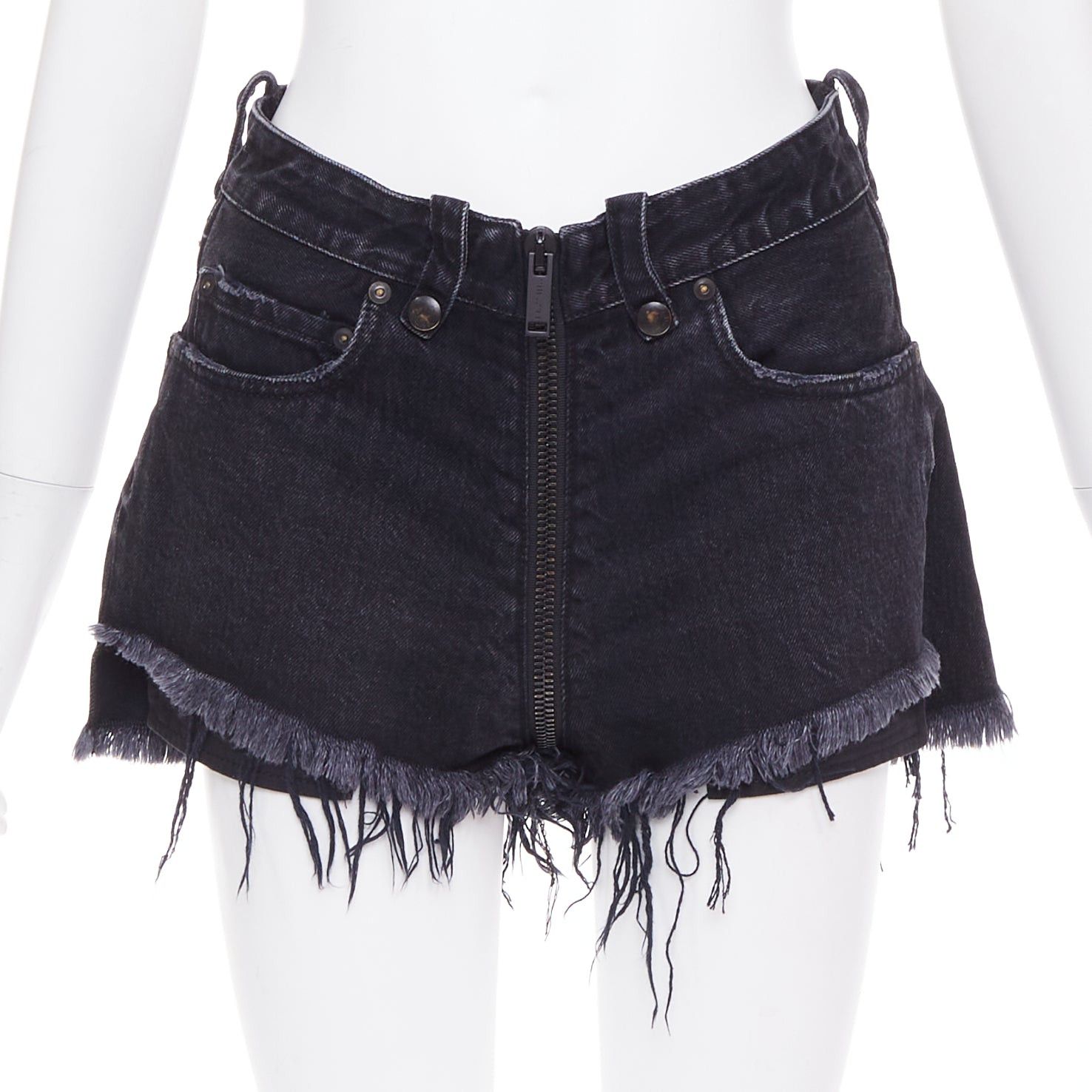 UNRAVEL PROJECT dark blue cotton zip around distressed mini shorts 25