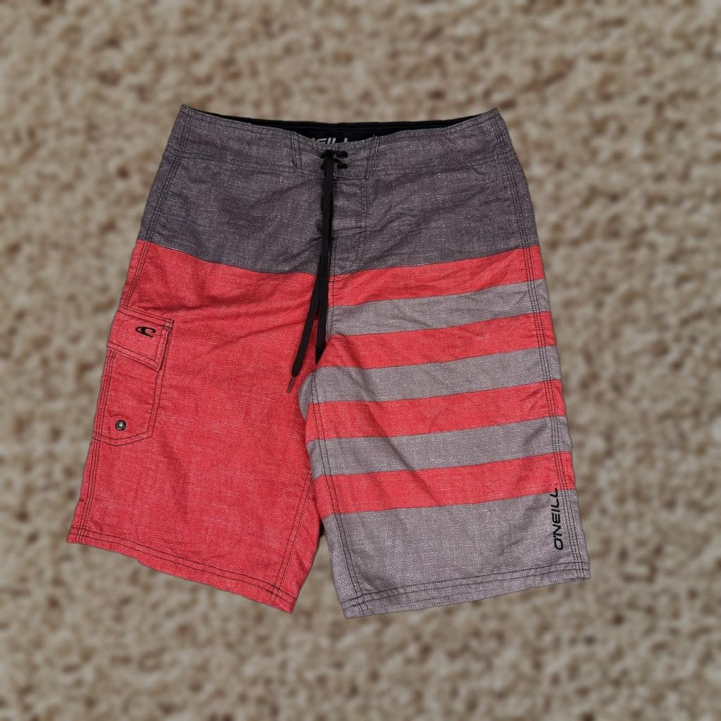 O'Neill O'Neill Board Shorts Mens 30 Red Gray Stripe Surf Beach Drawstring Pockets Trunks Size US 30 / EU 46 - 1 Thumbnail