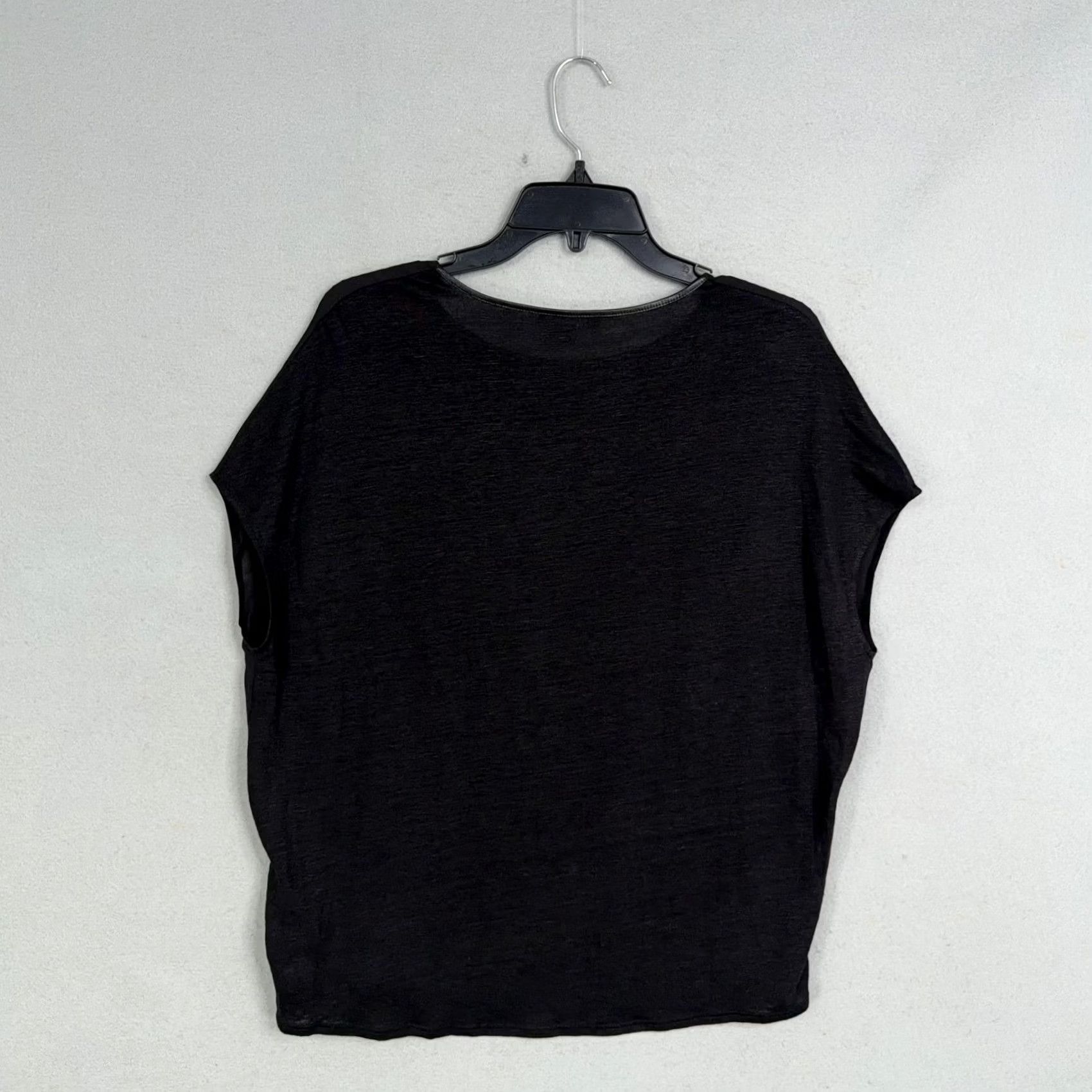 Vince Vince Blouse Womens S Black Silk Linen Leather Trim Crew Neck Cap Sleeve Top Size S / US 4 / IT 40 - 5 Thumbnail