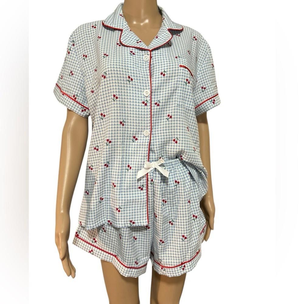 Designer Women's Blue and Red Checkered Pajama Set Size ONE SIZE - 2 Thumbnail