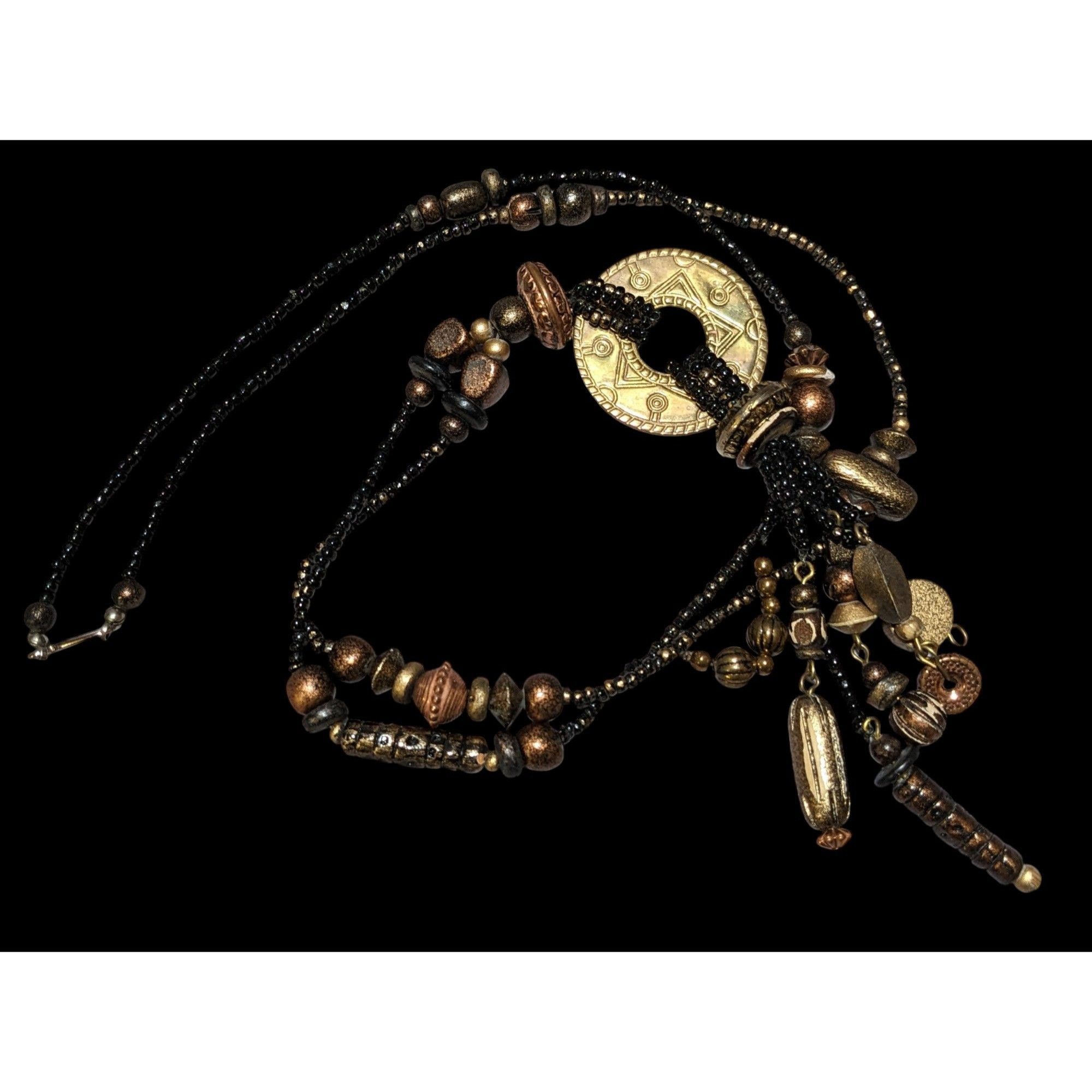 Other Vintage Southwestern Black And Gold Beaded Tassel Necklace Size ONE SIZE - 1 Thumbnail
