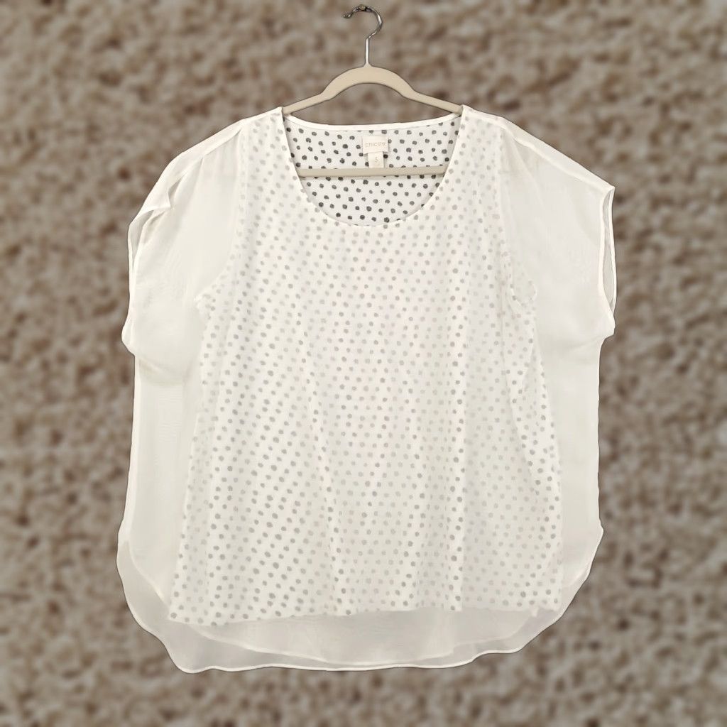 Vintage Chicos Womens Blouse XL White Polka Dot Short Flutter Sleeve Round Neck Pullover Lightweight Tunic Casual/Business M L Mens Womens Girls Boys Size XL / US 12-14 / IT 48-50 - 1 Thumbnail