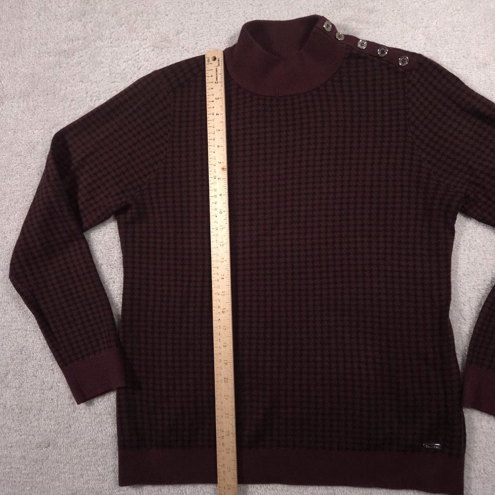 Calvin Klein Calvin Klein Sweater Womens L Red Check Mock Neck Button Shoulder Knit Pullover Size L / US 10 / IT 46 - 7 Thumbnail
