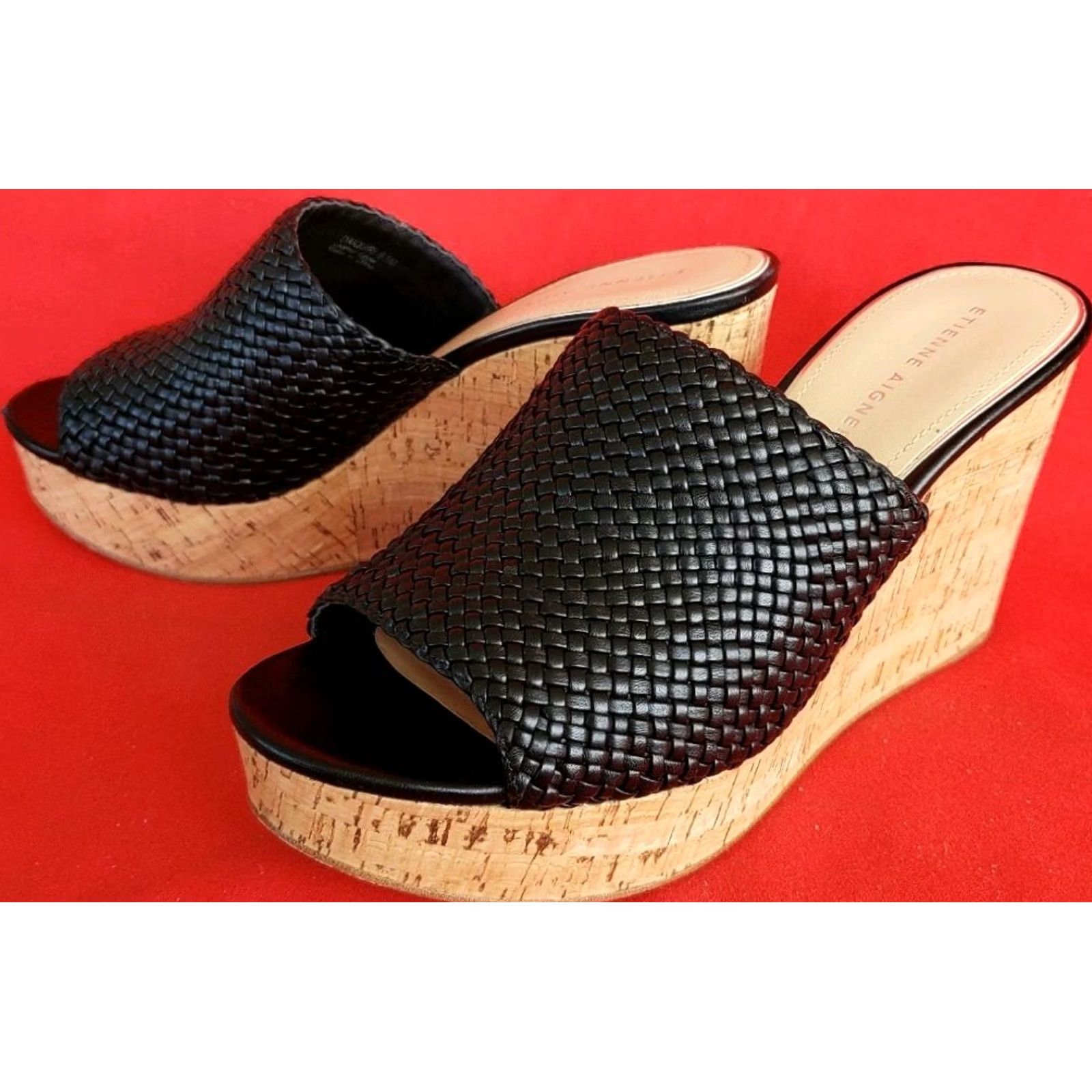 Etienne Aigner Etienne Aigner Women's Black Leather Slide Wedge Sandal 9.5M Woven Crossover Daiquiri Size US 10 / IT 40 - 4 Thumbnail