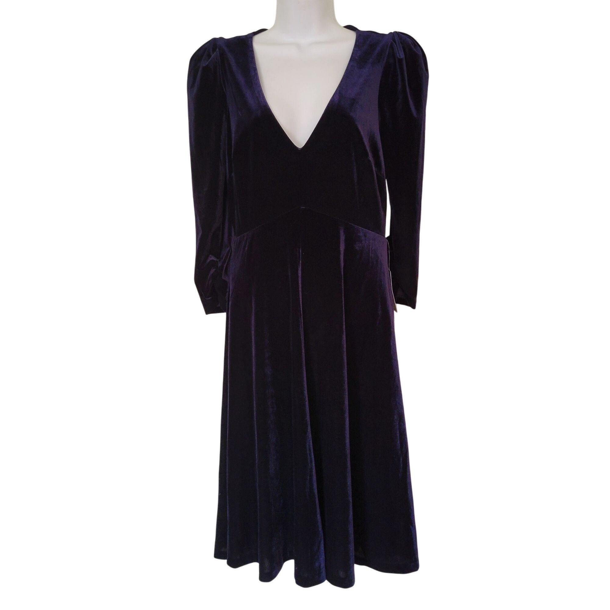 NEW Eliza J Navy Blue Velvet Long Sleeve Midi Dress 8 V Neck