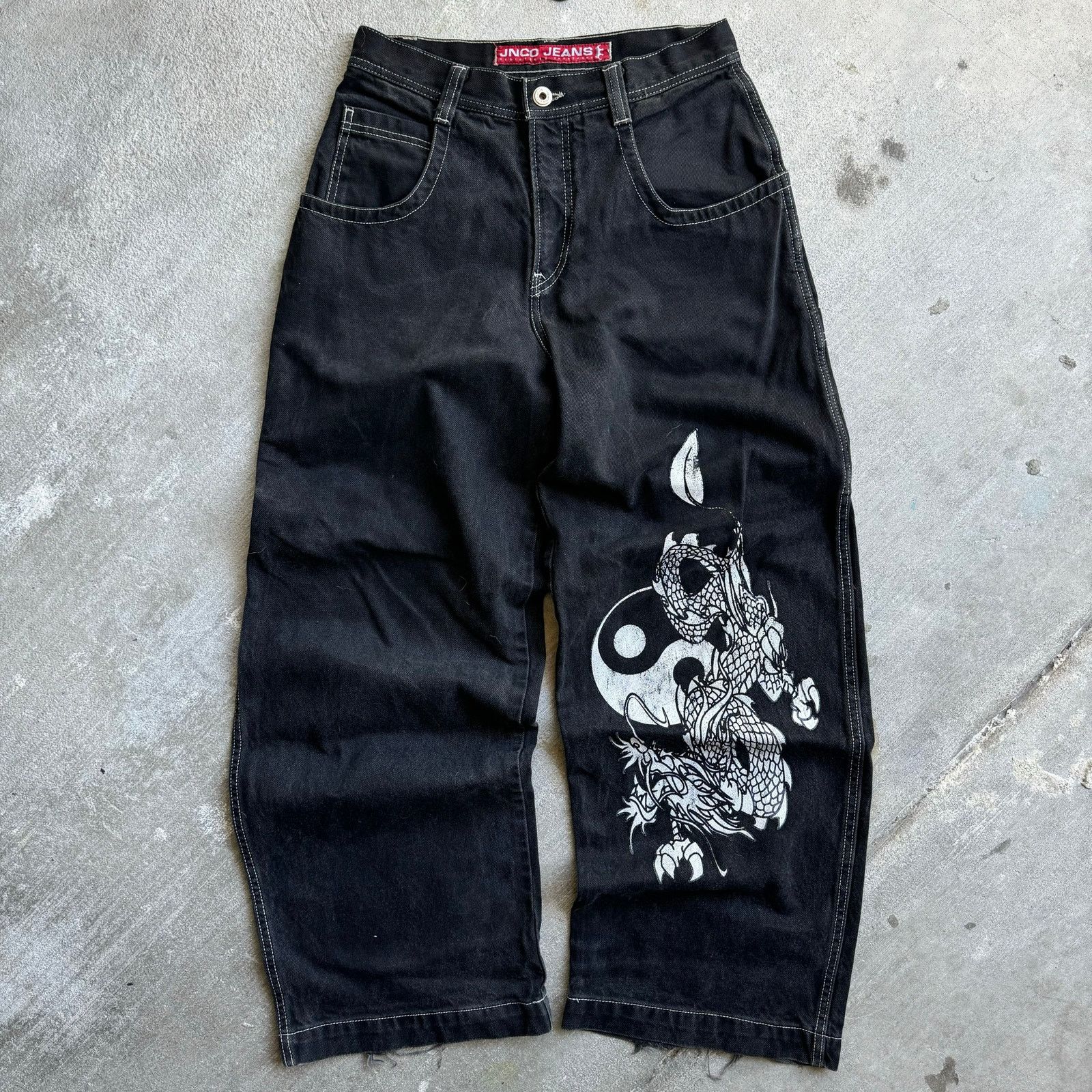 VTG/Rare JNCO Jeans Black with Dragon shops Size 16 Boys Youth Skater Denim Wideleg Y2