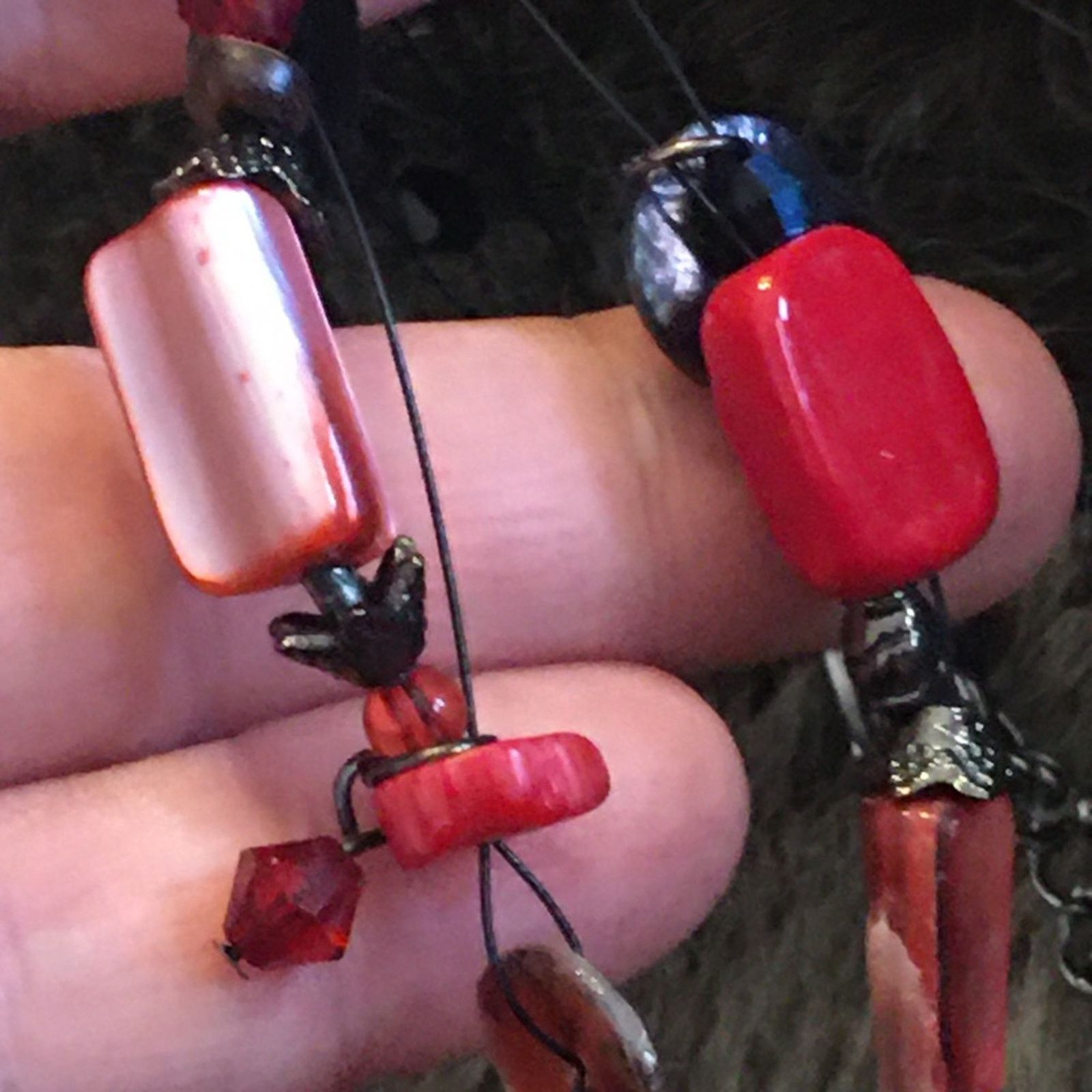 Jewelry Red tones mixed material beaded fish line necklace Size ONE SIZE - 8 Thumbnail