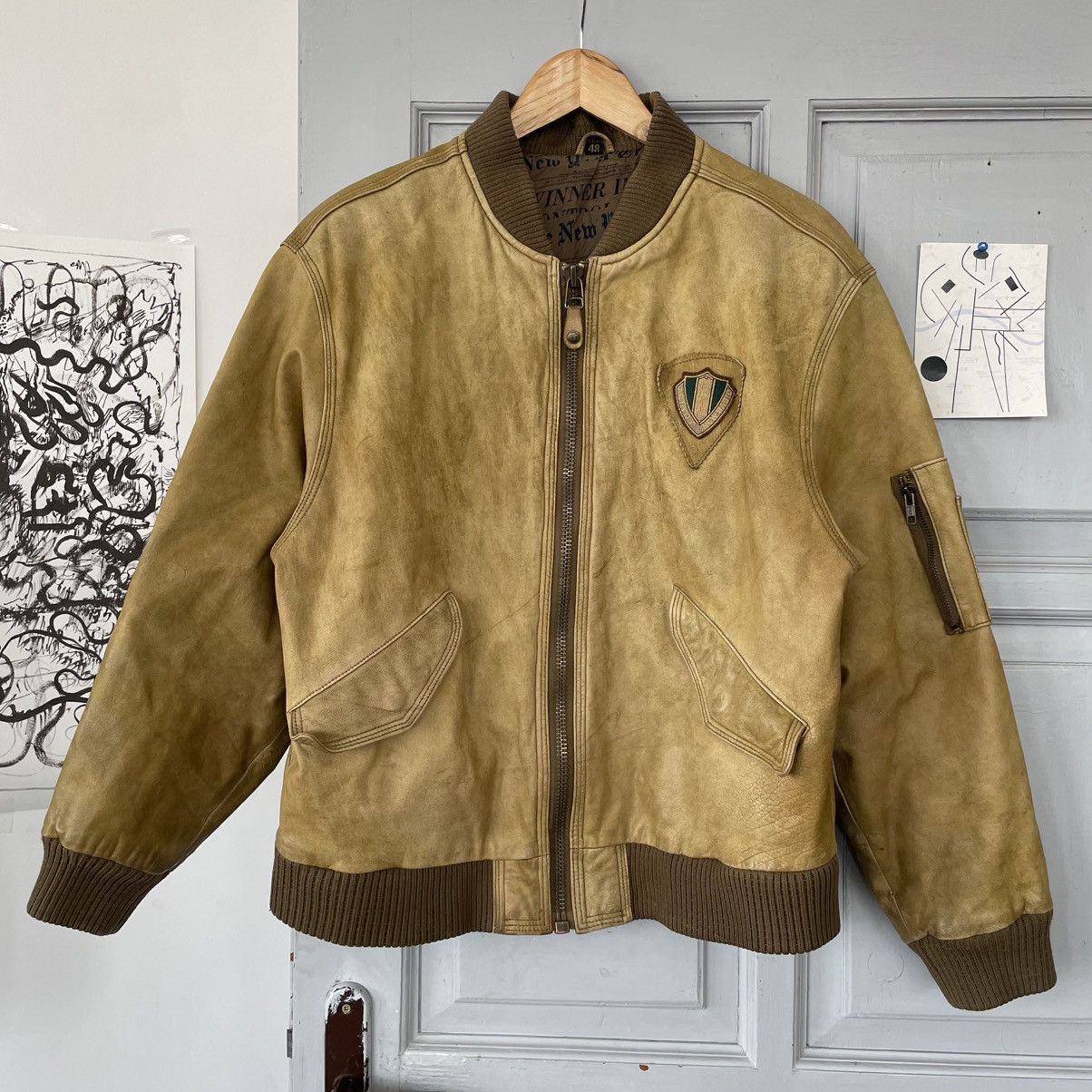 Vintage Yellow Distressed leather jacket Y2K sz M