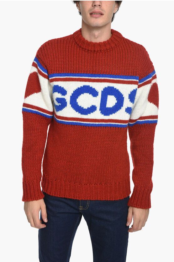 Image of Gcds Crew Neck Wool Pullover With Jacquard Logo in Red, Men's (Size Small)