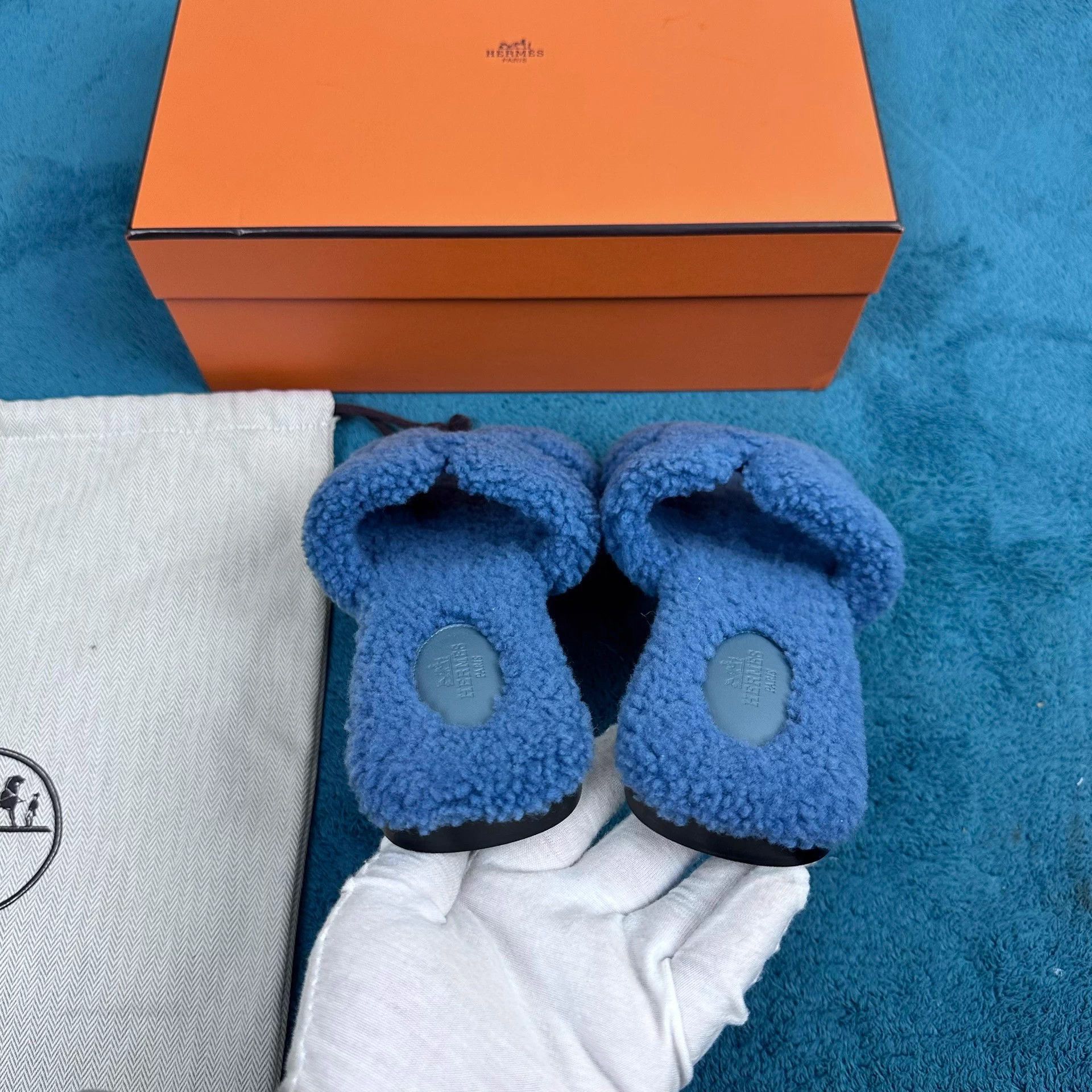 Hermes Hermès Oran Fluffy Slide Blue 38 New Size US 7 / IT 37 - 4 Thumbnail