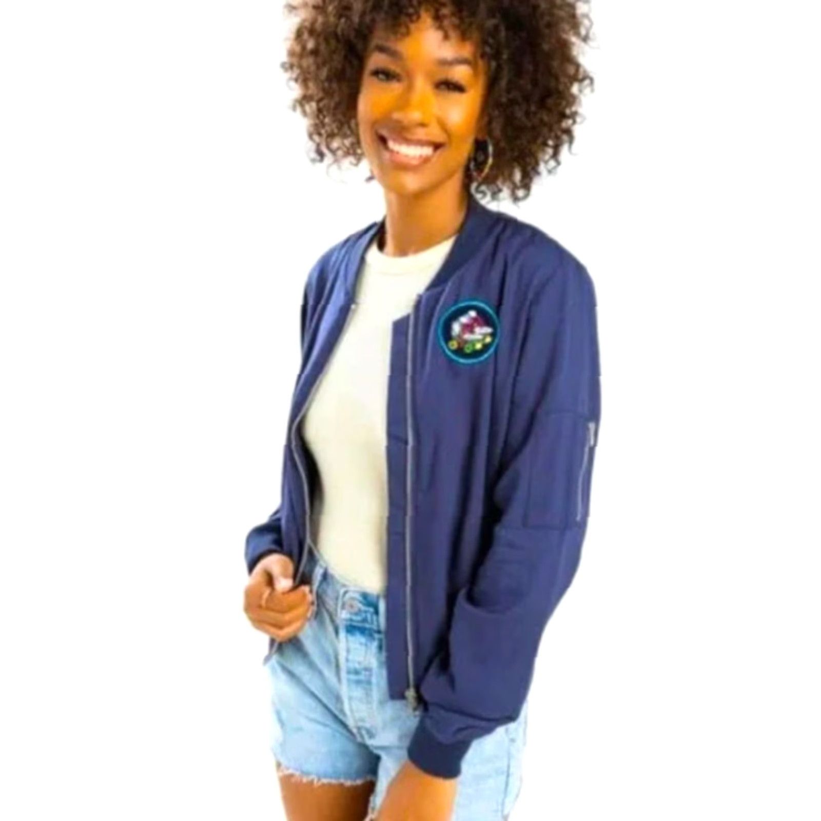 Vintage Francescas Bomber Jacket-Size M Navy Blue Short Sleeve Long Sleeve ZIP Embroidered Patch Roller Blade Ladies Jacket Size M / US 6-8 / IT 42-44 - 2 Thumbnail