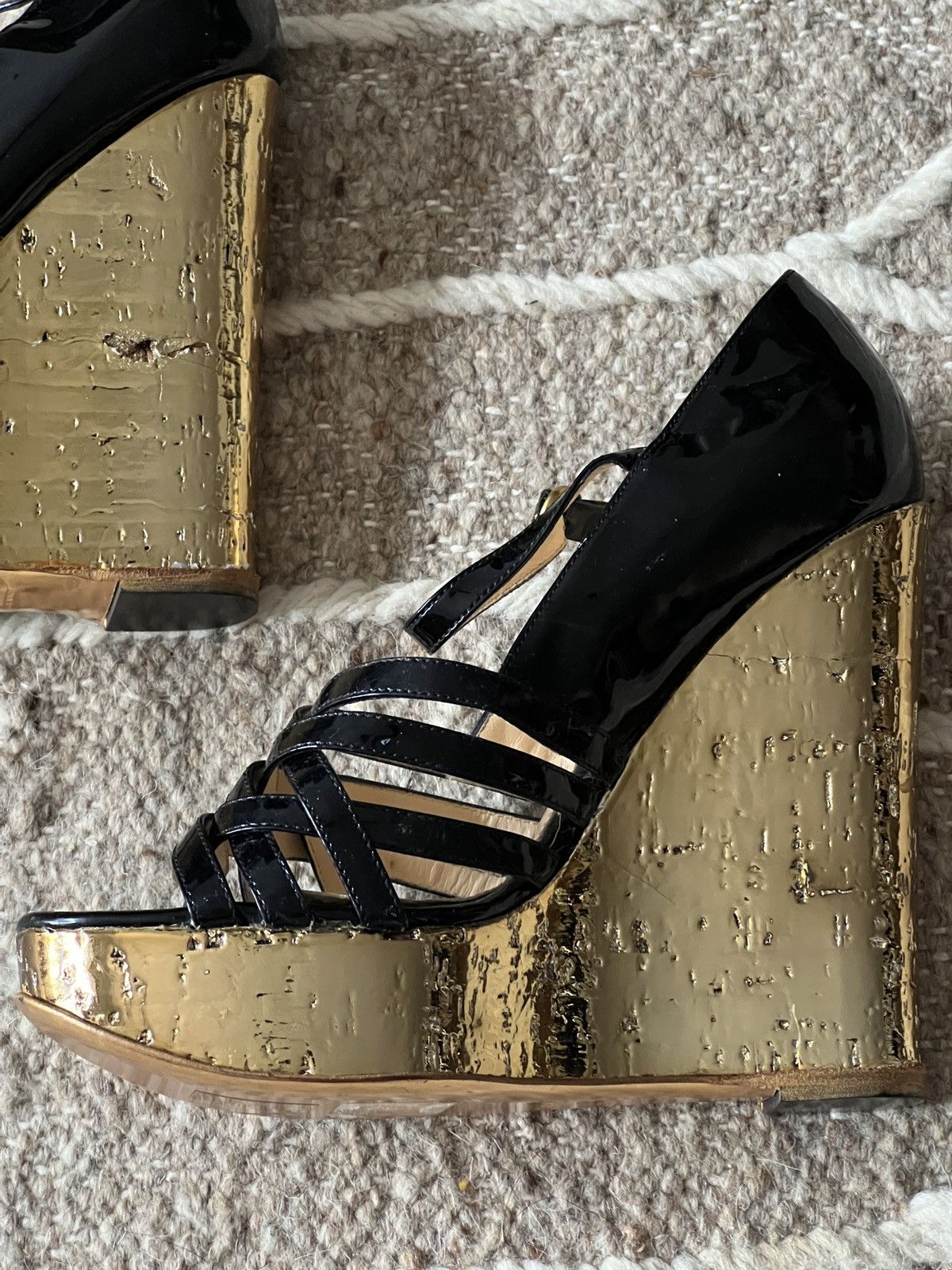 Yves Saint Laurent Yves Saint Laurent Black Leather Straps Gold Cork Wedge Size US 7 / IT 37 - 9 Thumbnail