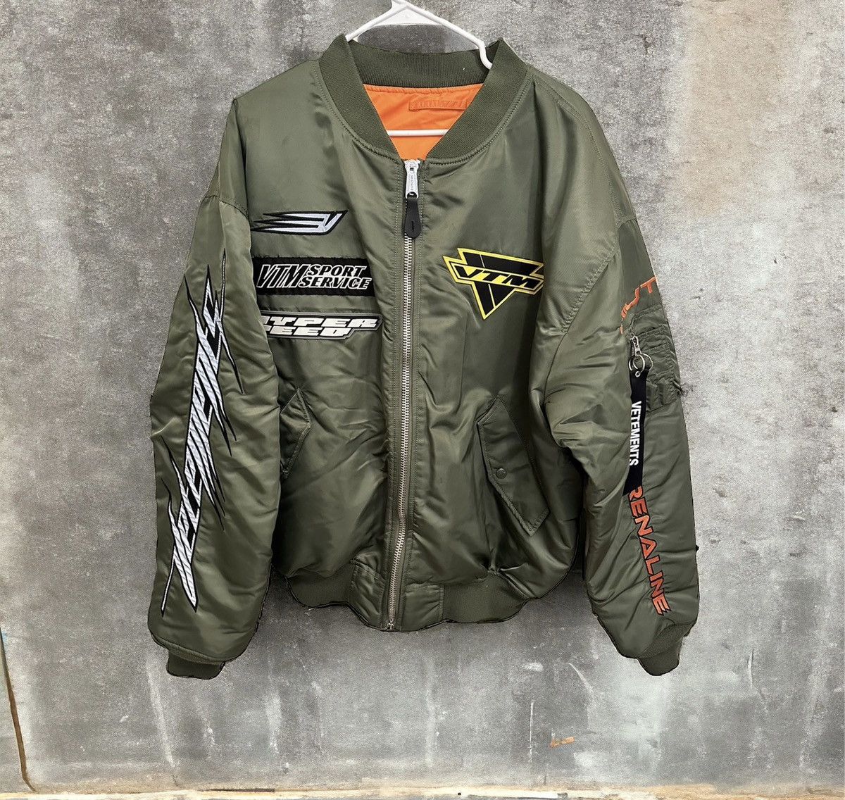 image of Vetements Racing Bomber in Olive, Men's (Size Medium)
