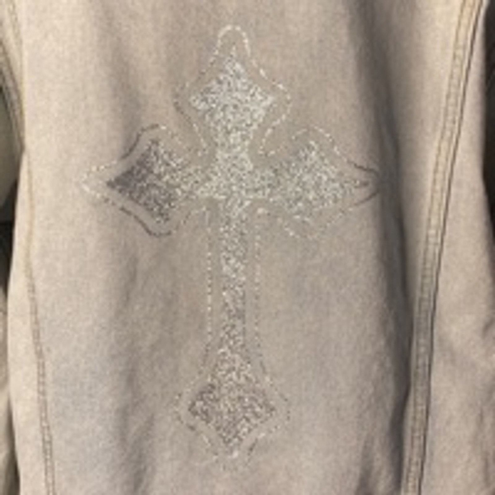 Handmade Upcycled Light Wash Denim Jacket XL Cross Detail Handmade Size XL / US 12-14 / IT 48-50 - 5 Thumbnail